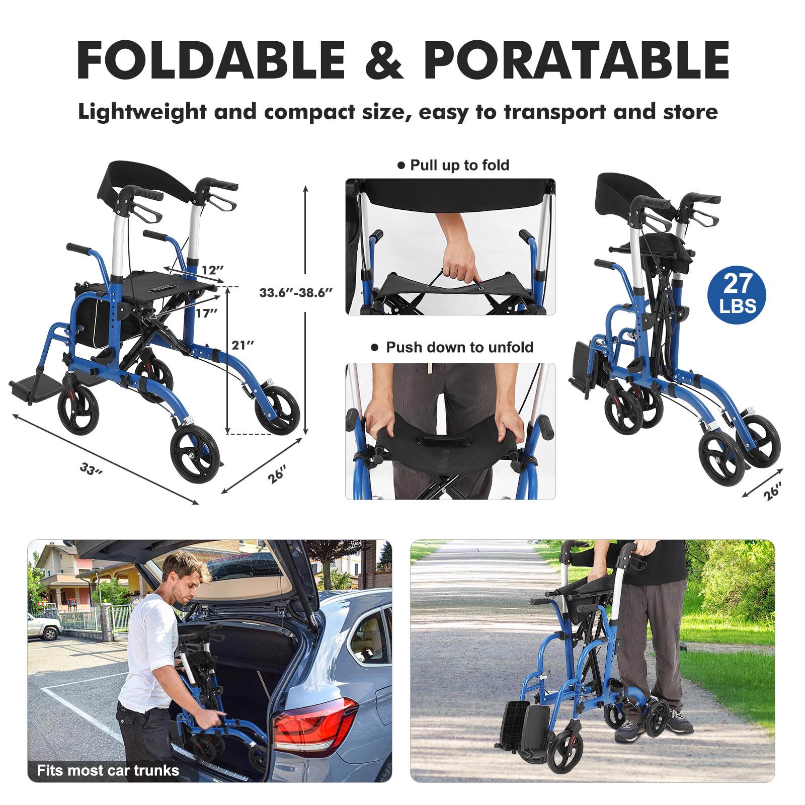 Rollator 2 in 1 Deambulatore Pieghevole Leggero Per Anziani e Adulti | Con Seduta, Schienale, Poggiapiedi e Freni, All Terrain, Portata Massima 136 kg, Mobilità Sicura
