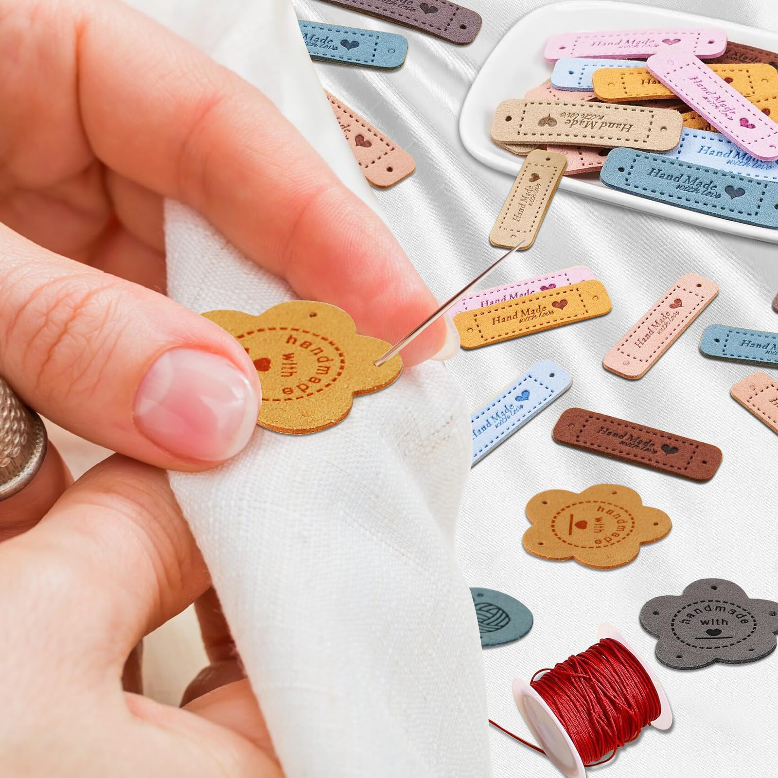 60 PCS Etiquette Fait Main à Coudre, Etiquette Tissées, Etiquette Cuir