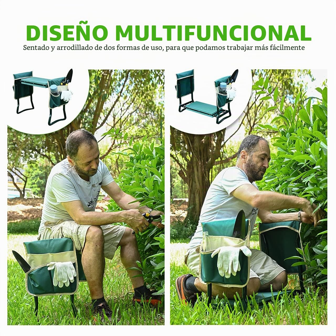 KVR Rodillero y asiento de jardín mejorado con almohadilla gruesa y ancha para rodillas suave, taburete de jardinero plegable resistente con 2 bolsas de herramientas, regalos de jardinería para