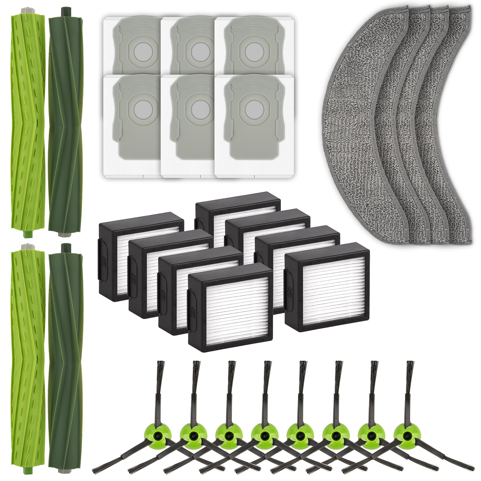 (30 piezas) Repuestos para iRobot Roomba Combo j7+, Combo j9+, Combo 10 Max, 2 juegos de cepillos giratorios, 4 almohadillas para fregona, 8 filtros HEPA, 6 bolsas para polvo, 8 cepillos laterales