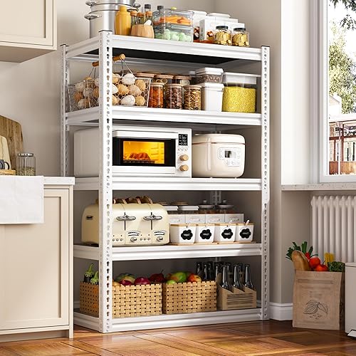 Miniatura 5 de REIBII Estantes de almacenamiento de 5 niveles, estantería de metal ajustable de 2500 libras, estantes blancos para despensa, cocina, garaje,