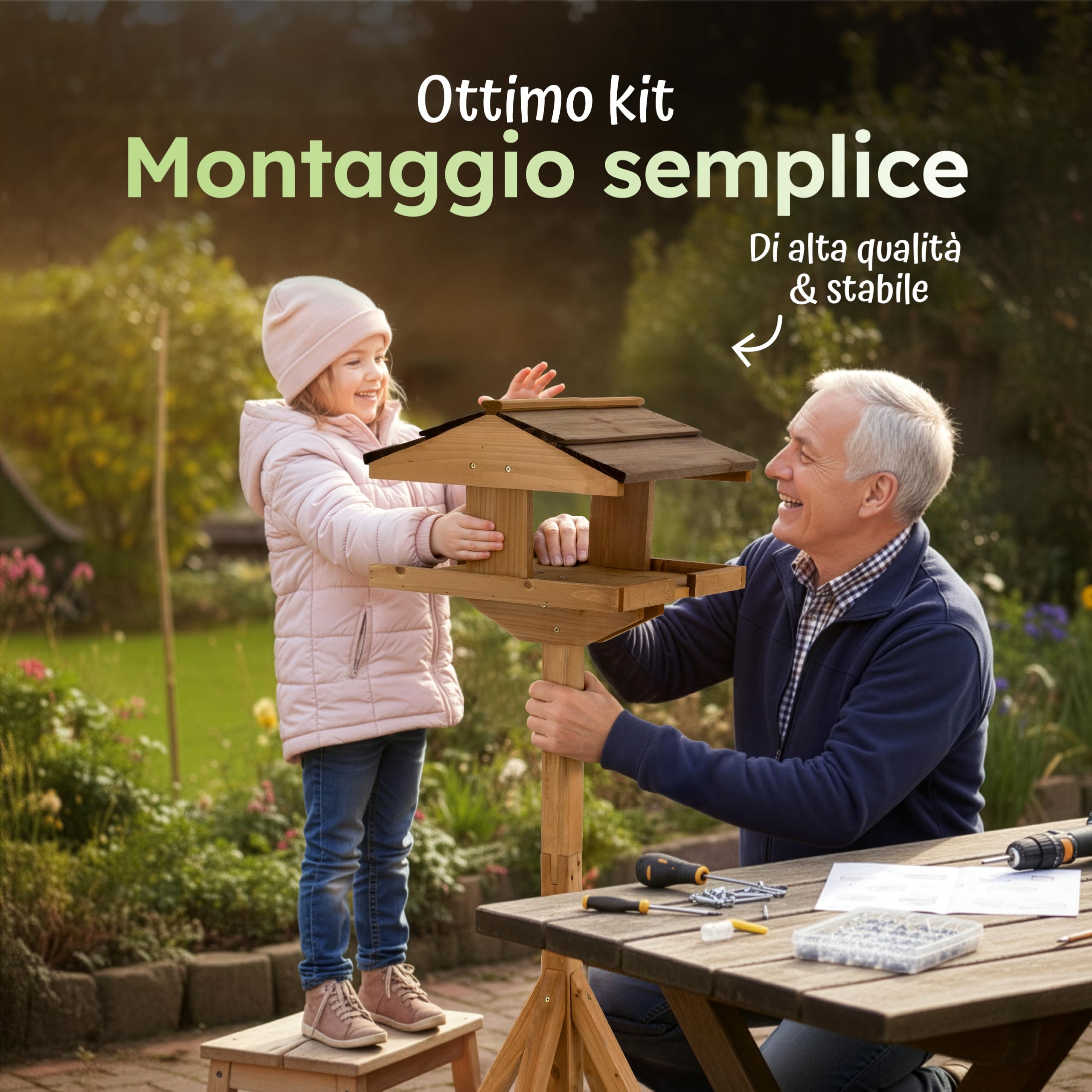 Moorland Casa per Uccelli Aperta in Legno di Abete FSC® con Supporto Alto | 114cm mangimatoia marrone tetto scuro in lame di kit da giardino terrazza resistente intemperie mangiatoia casetta VH4