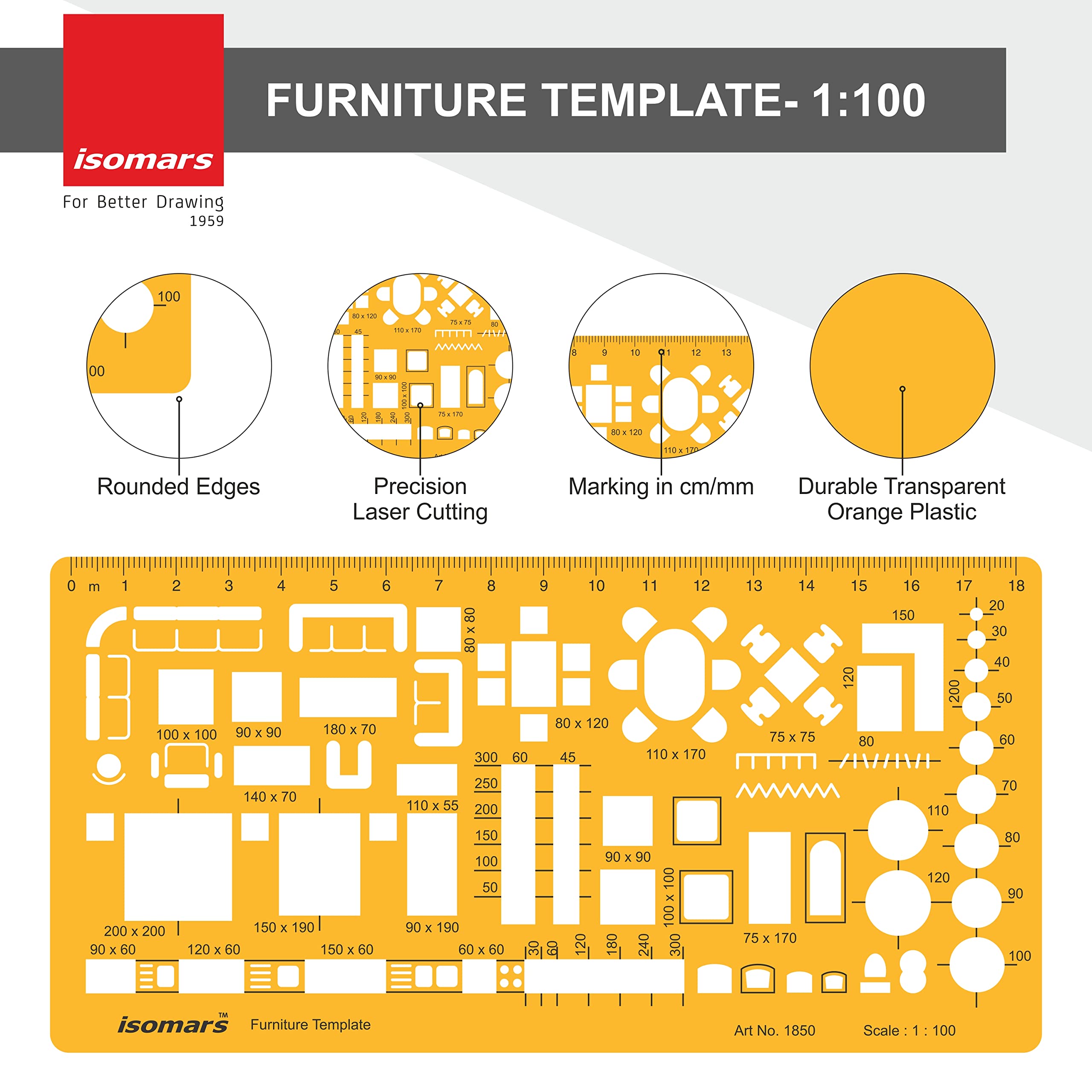 Isomars Architect Template Set of 3 | Scale 1:50, 1:100 & 1:200 Drawing Drafting Stencils for Furniture Layout, House Planning, Interior Design, Architecture, Blueprint & Floor Plan Drawing