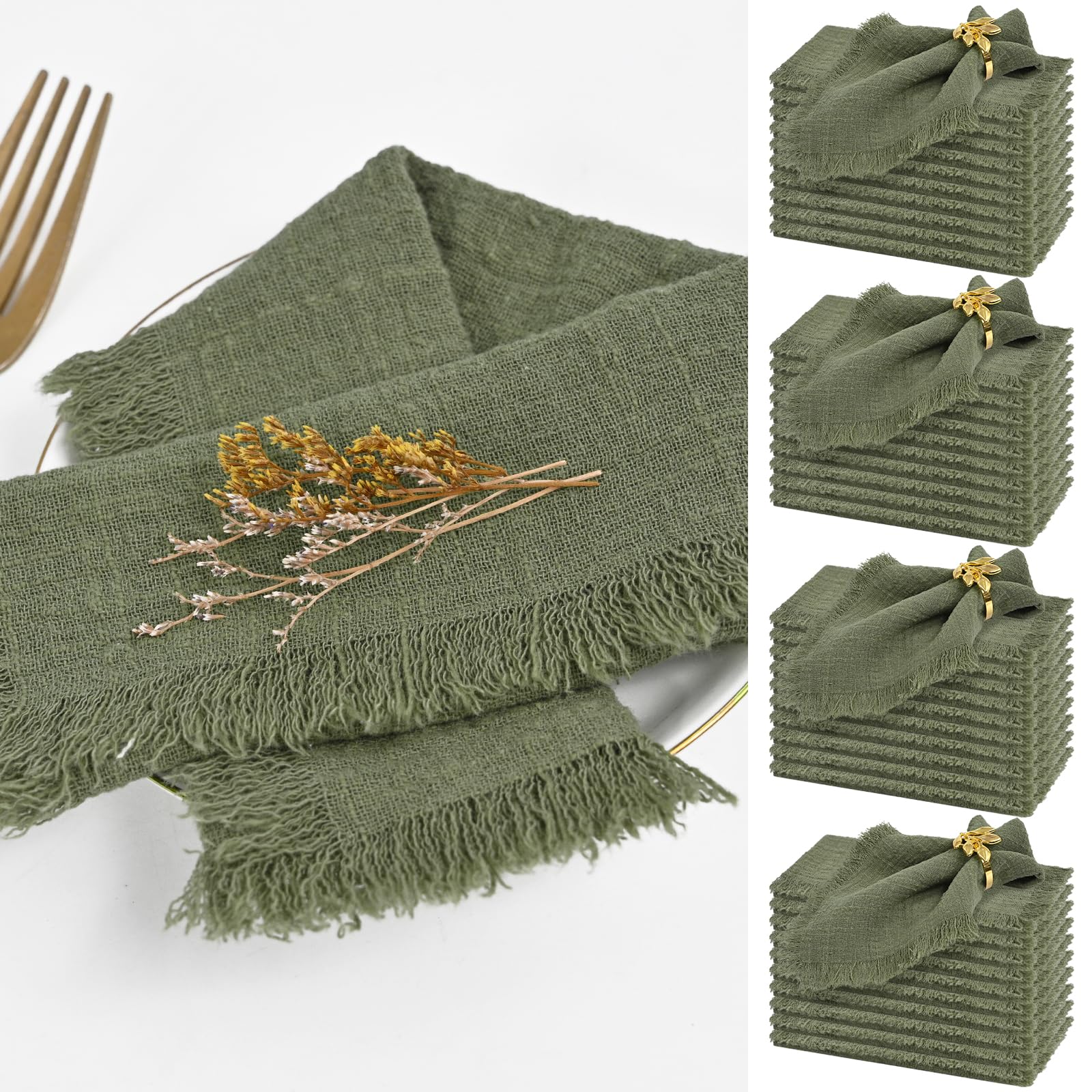 40 Packs Olive Green Cloth Napkins Cotton Linen Napkins Bulk 16.5 x 16.5Inch Handmade Gauze Napkins with Fringe, Natural Soft Cotton Rustic Dinner Napkins for Wedding Party Christmas Decoration