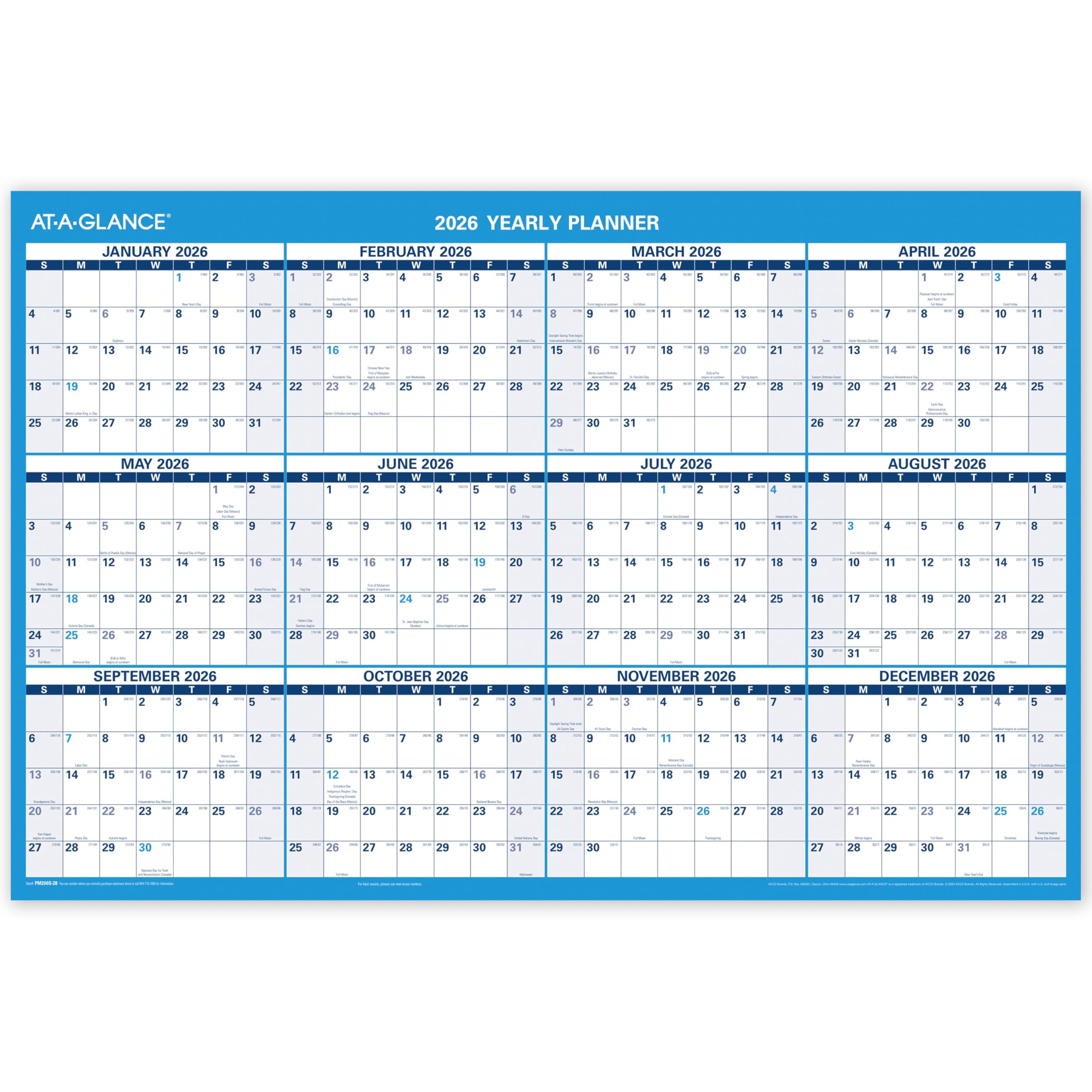 AT-A-GLANCE 2026 Erasable Calendar, Dry Erase Wall Planner, 36" x 24", Large, Yearly, Horizontal/Vertical, Seasons in Bloom (PM200P2826)