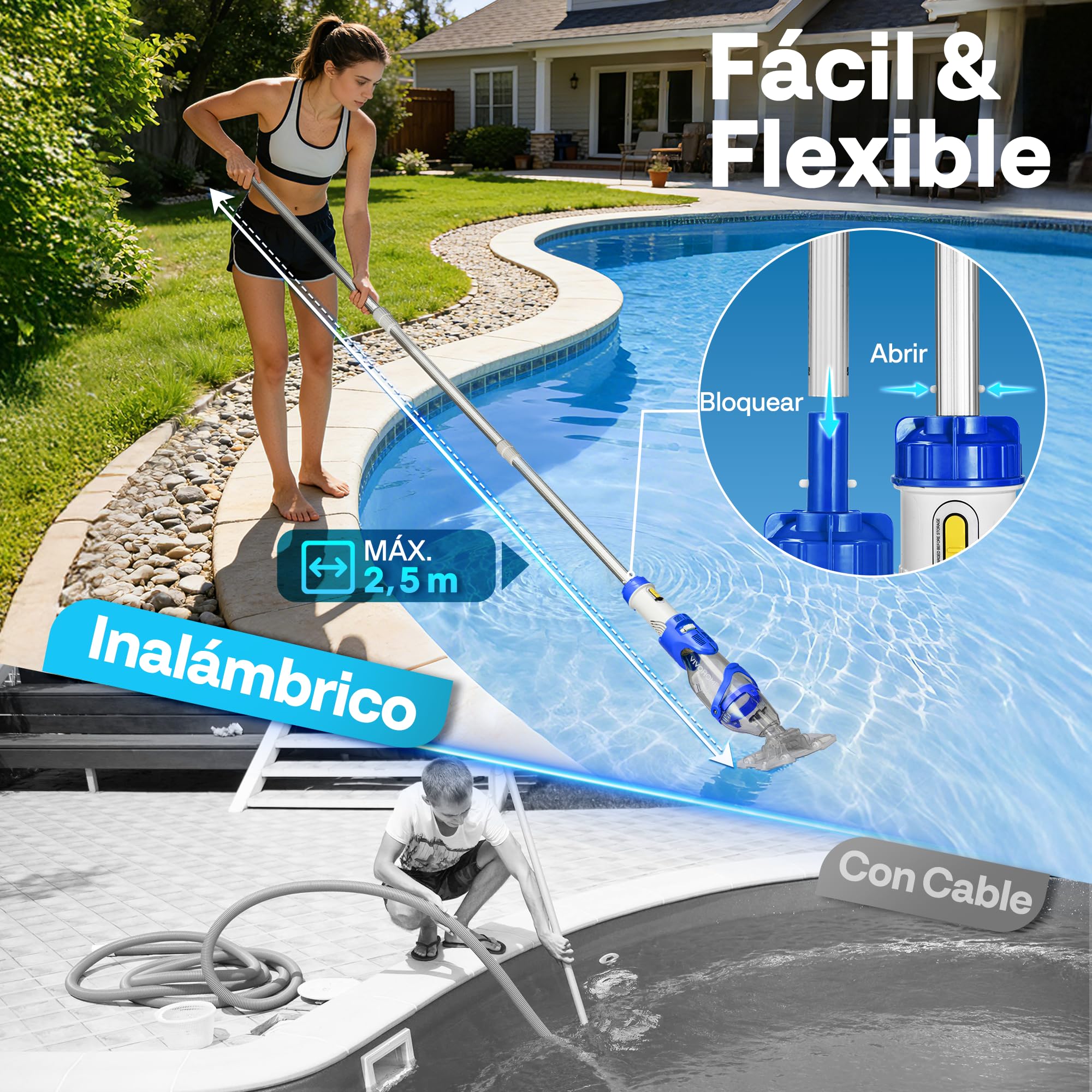 VIVOHOME 72LPM Limpiador Portátil para Piscina con Pértigas Telescópicas Aspirador de Piscina Autónomo de 75 Minutos Ideal para Piscinas Elevadas y Enterradas, Spas y Jacuzzis