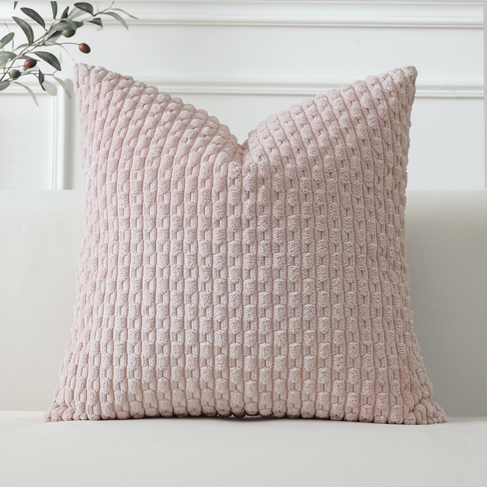 Sungeek Set of 1 Light Pink Soft Corduroy Decorative Cushion Cover Boho Striped Throw Pillow Cover for Sofa Couch Living Room Patio Farmhouse Home Decor Pillowcase 60x60cm โ image 1