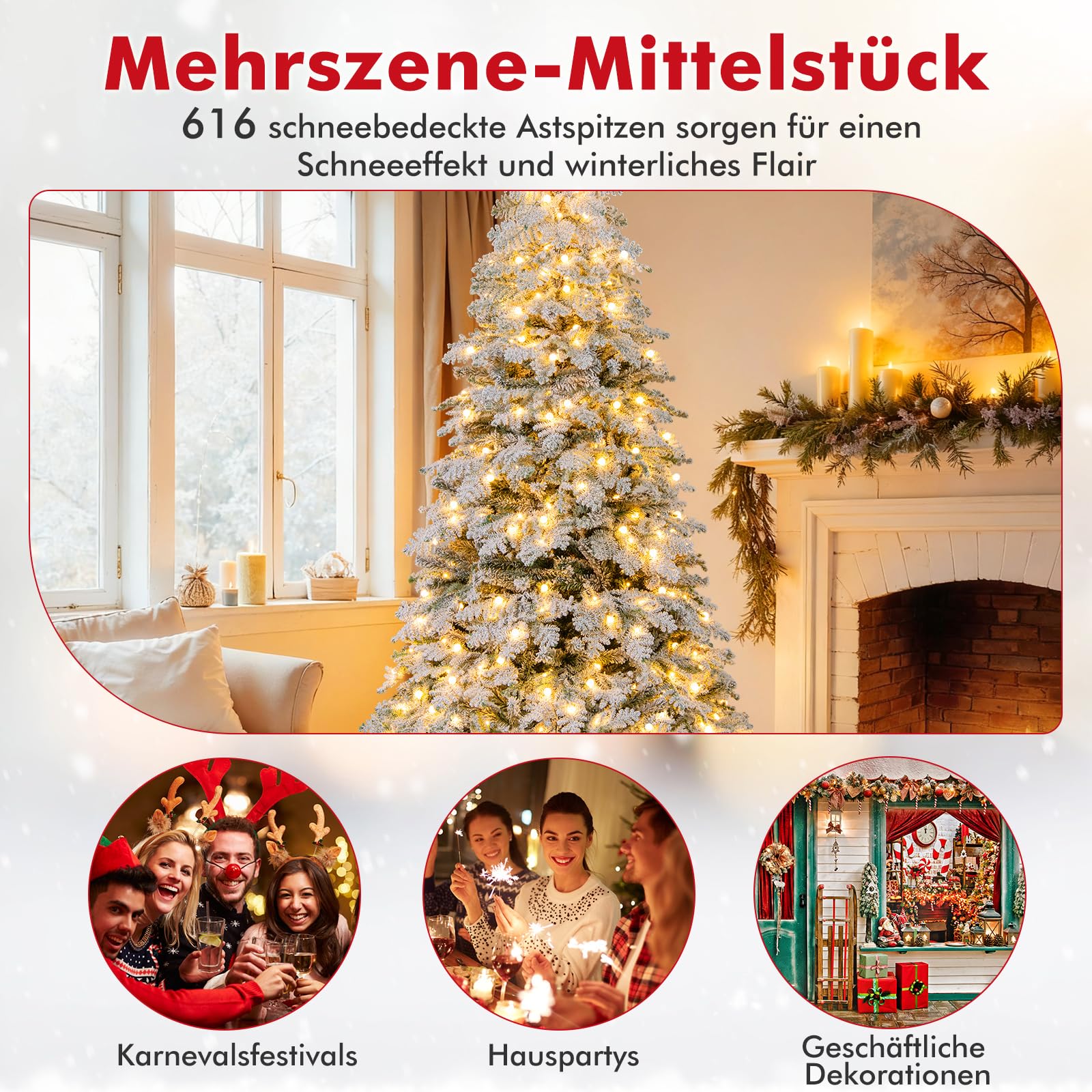 GYMAX Künstlicher Weihnachtsbaum, Schnee-Tannenbaum mit 260/320 warmweißen LED-Lichtern, 130/160 Kugellichtern & 8 Modi, LED Christbaum für Innenhöfe, Veranden & Gärten (180 cm)