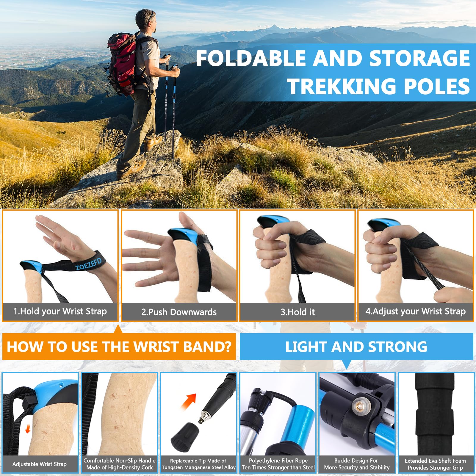 Wanderstöcke Nordic Walking Stöcke Trekkingstöcke, Teleskop Wanderstöcke Carbon & Aluminium mit Korkgriff,Verstellbar 108-135cm und Klemmverschluss mit 5 Paar Gummipuffers für Damen und Herren