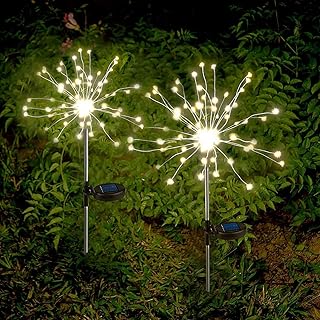 BEMMY Luzes Solares de Jardim Pacote com 2 Unidades, Luzes Solares de Jardim com Fogos de Artifício,Luz de Corda de Cobre LED, Luz de Decoração Externa, Fio de Cobre com Luz Branca Quente