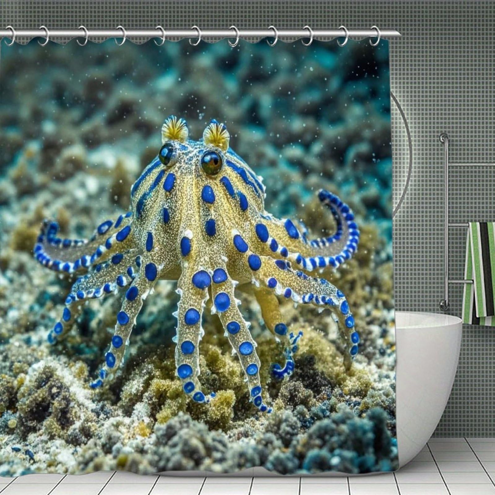 FekiLoot Blue Ringed Octopus Shower Curtain Minimalist Aesthetic Bath Curtain with Hooks Simple Water Resistant Bathroom Shower Curtains Cute Blackout Privacy Curtains Cloth Curtain