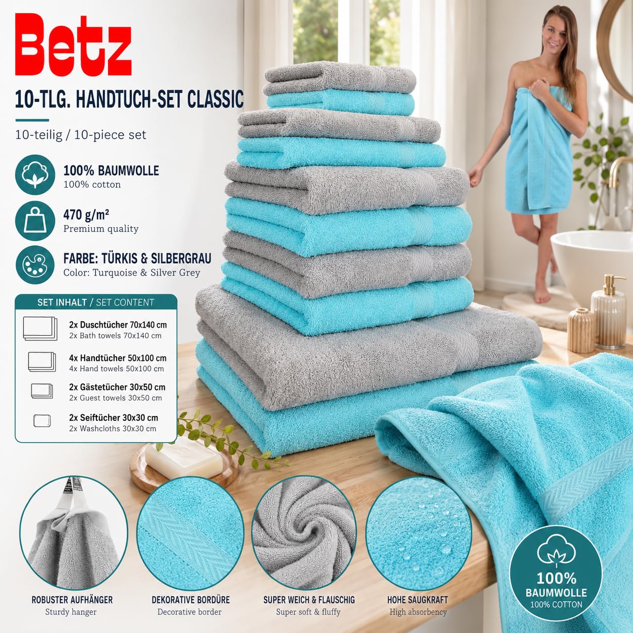 Betz 10-częściowy zestaw ręczników Classic 100% bawełna 2 ręczniki kąpielowe 4 ręczniki do rąk 2 ręczniki dla gości 2 ręczniki do rąk kolor srebrnoszary i turkusowy