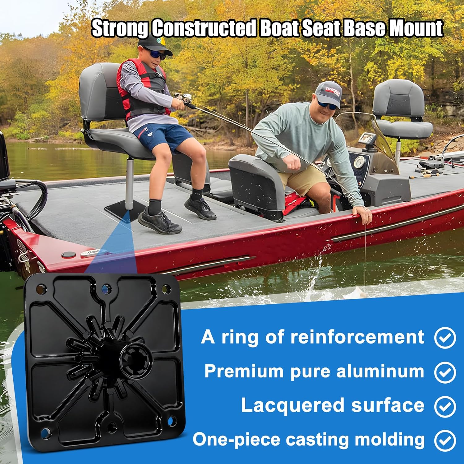 2PCS Boat Seat Base Mount, 7”x7”Aluminum Boat SeatPedestal Plate for 3/4" Pin Post Socket，Marine Base Pedestal Bracket for Most Marine Fishing Pontoon Bass,Black