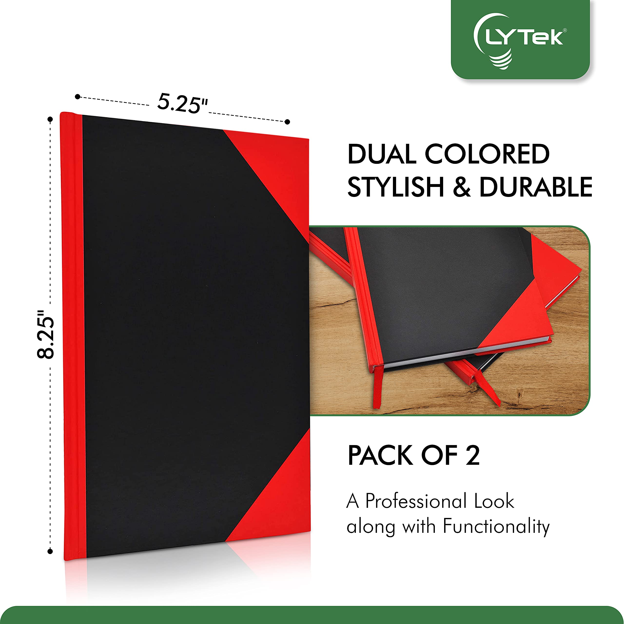 Diari classici per quaderni, confezione da 2 quaderni a righe da 13,3 x 21 cm, con copertina rigida, in ecopelle e chiusura elastica con tasca, carta senza acidi di alta qualità (nero e rosso)