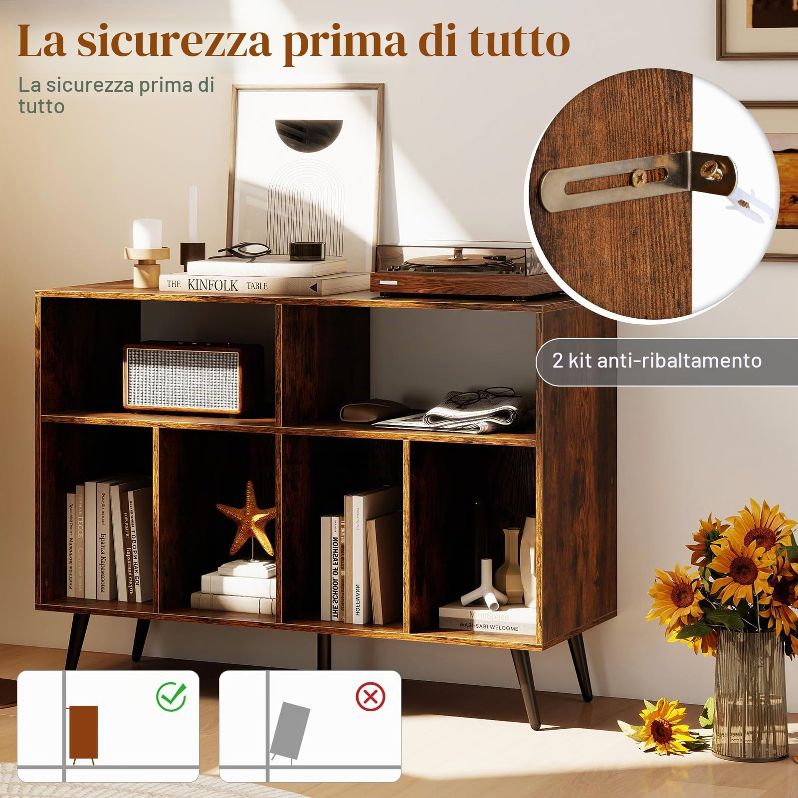 GIANTEX Supporto per dischi in vinile, grande piano di lavoro, 6 scomparti, armadietto per dischi in vinile, anti-ribaltamento, per soggiorno, camera da letto (marrone, senza stazione di ricarica)