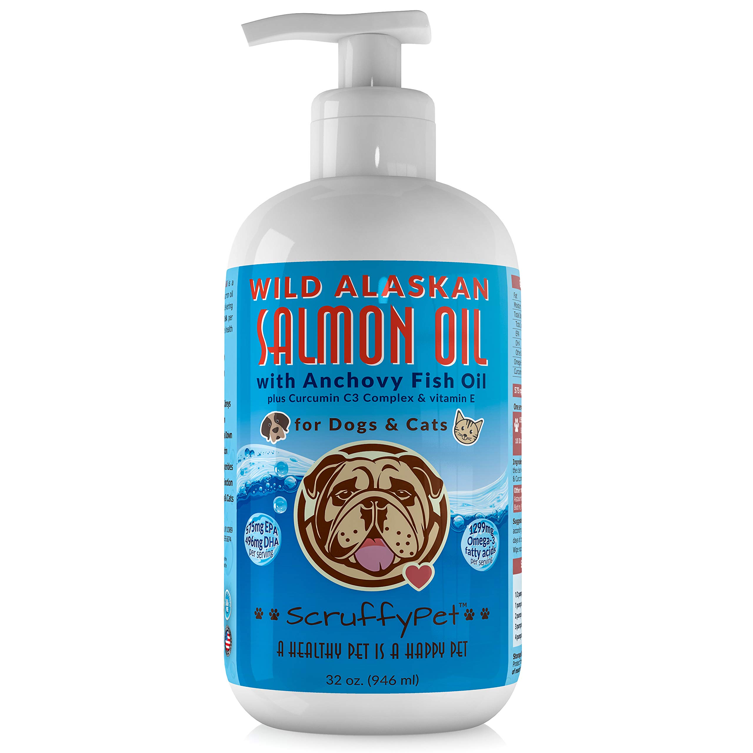 Omega Fish Oil for Dogs & Cats w/Wild Alaskan Salmon Oil, Icelandic Anchovy Fish Oil, Curcumin C3 & Vitamin E3 (32oz)
