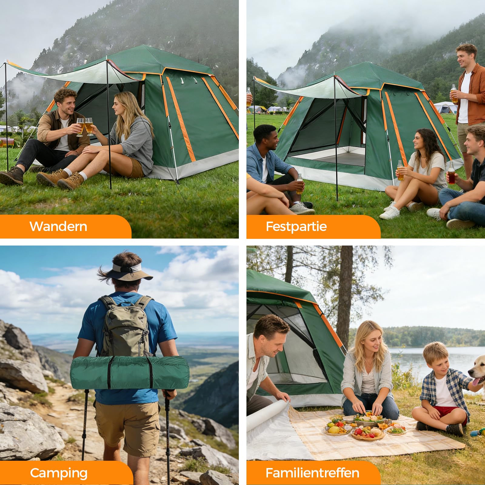 Pop Up Zelt Automatisches Wurfzelt, Camping Zelt 3-4 Personen, 3000mm Wasserdicht&Winddicht mit Vorzelt Fenster, Doppelschicht Kuppelzelt 4 Jahreszeiten, Camping, Wandern, Trekking, Gartenl
