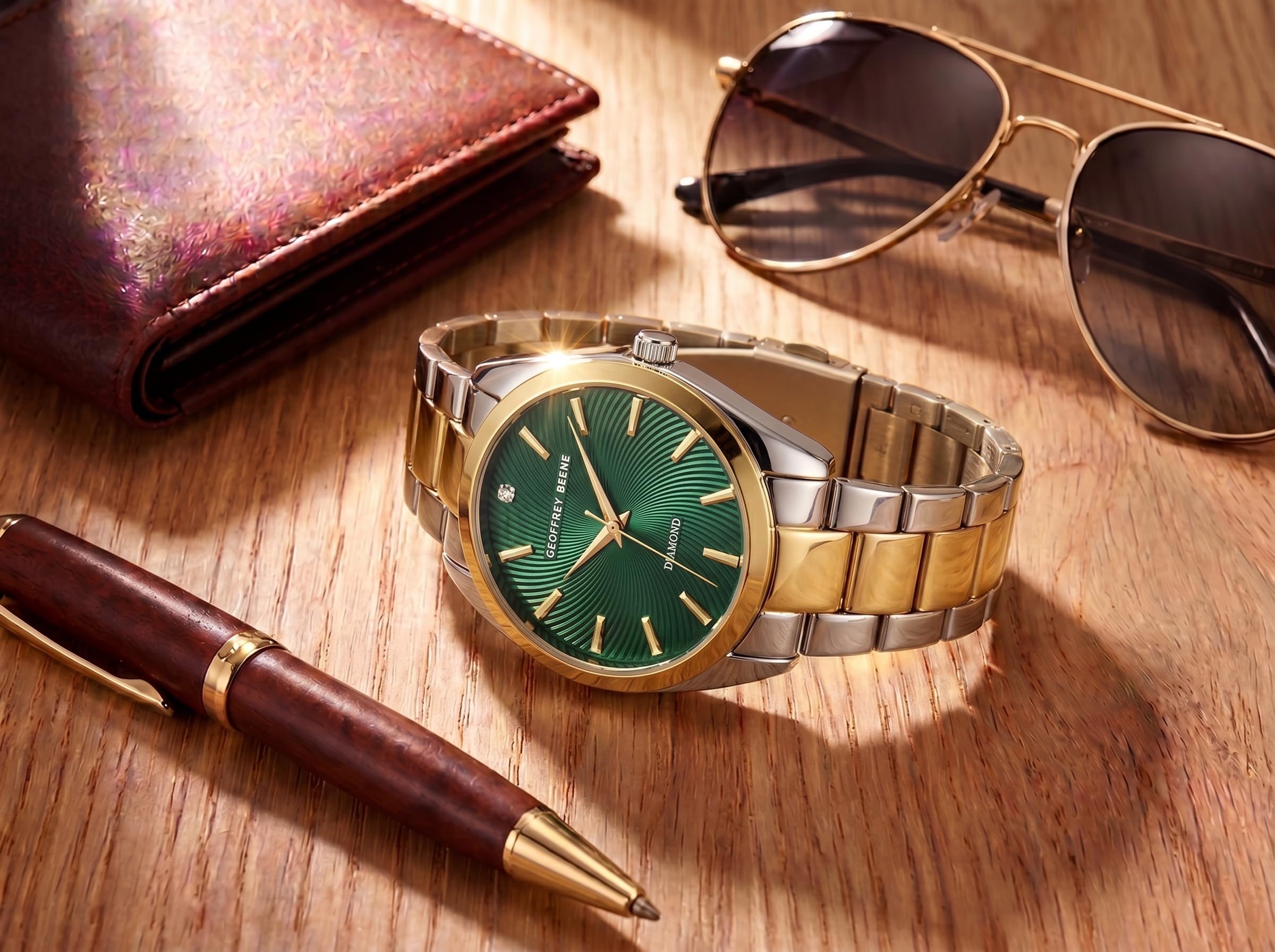 Geoffrey Beene Reloj redondo de dos tonos para hombre, 41 mm, esfera texturizada verde, acento de diamantes