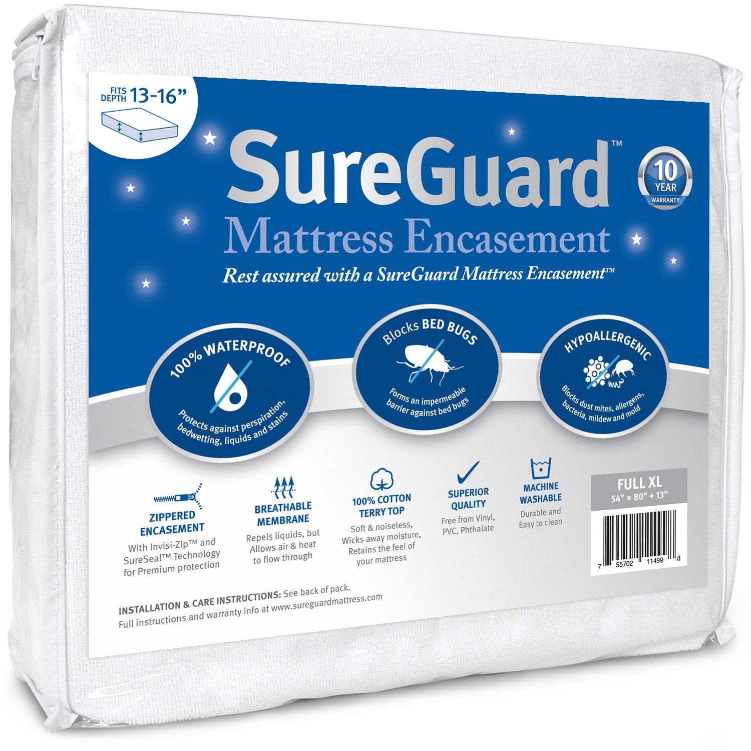 SureGuard Mattress Protectors Full XL (13-16 in. Deep) Encasement - 100% Waterproof, Bed Bug Proof, Hypoallergenic - Premium Zippered Six-Sided Cover