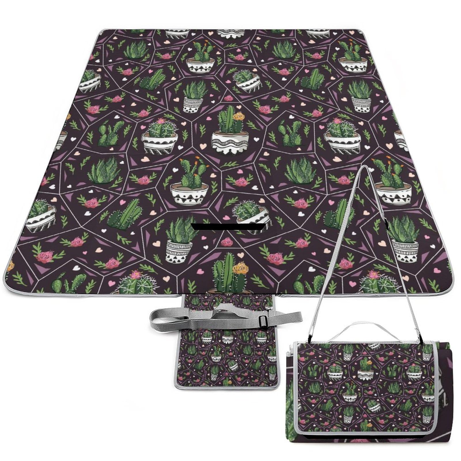 Succulents-Cactus Texture Picnic Blanket Waterproof Foldable, Large Outdoor Picnic Blanket Beach Blankets Camping Blanket Travel Mat, Shoulder Strap Tote, Rectangle 58x58in