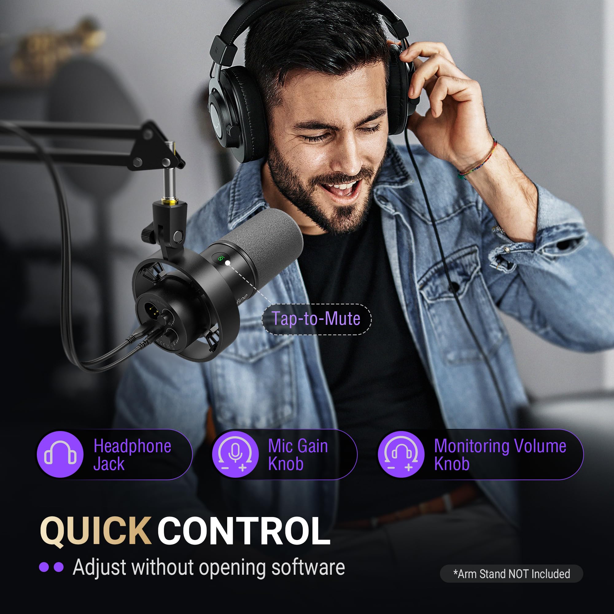 FIFINE Microfono dinamico, XLR/USB, registrazione podcast, microfono per PC, per streaming vocale, microfono in metallo da studio con mute, jack per cuffie, controllo del volume,