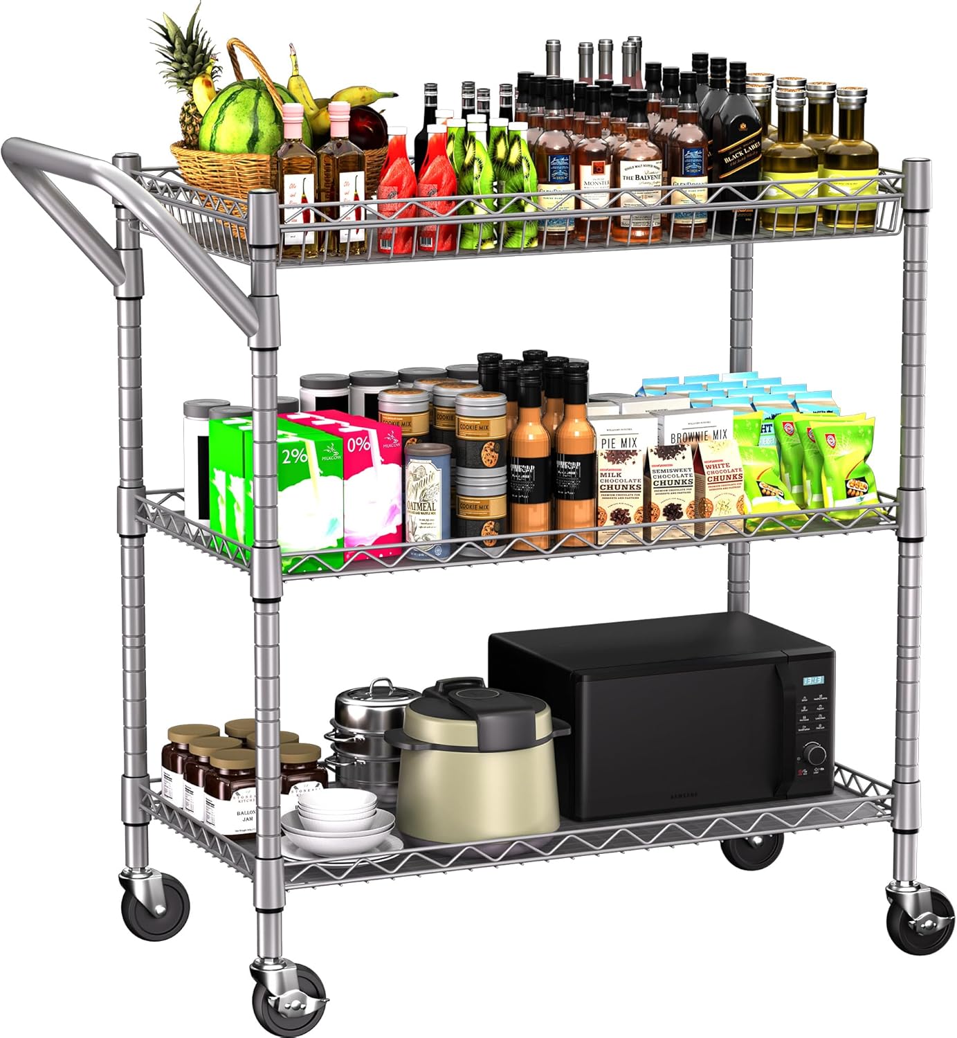3 Tier Heavy Duty Rolling Utility Cart,18" D x 30" W x 36.6" H Rolling Carts with Wheels,Commercial Grade Metal with Handle Bar & Shelf Liner,Trolley Serving Storage Cart for Kitchen Silver