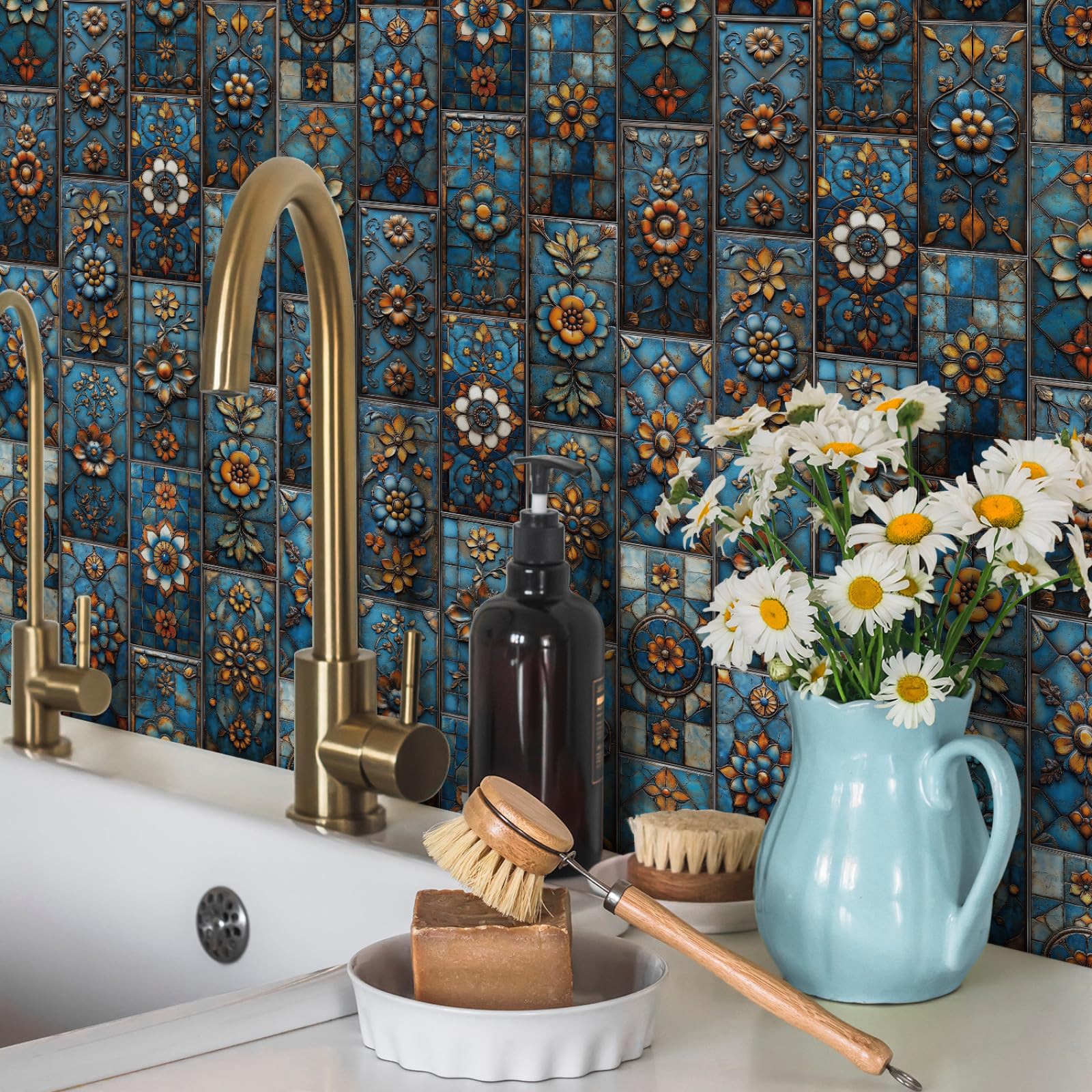 Azulejos Adhesivos Cocina Flores Azules Naranjas Impermeables Baño Azulejos, Diy Extraíble Vinilo Vinilo Pared Cocina