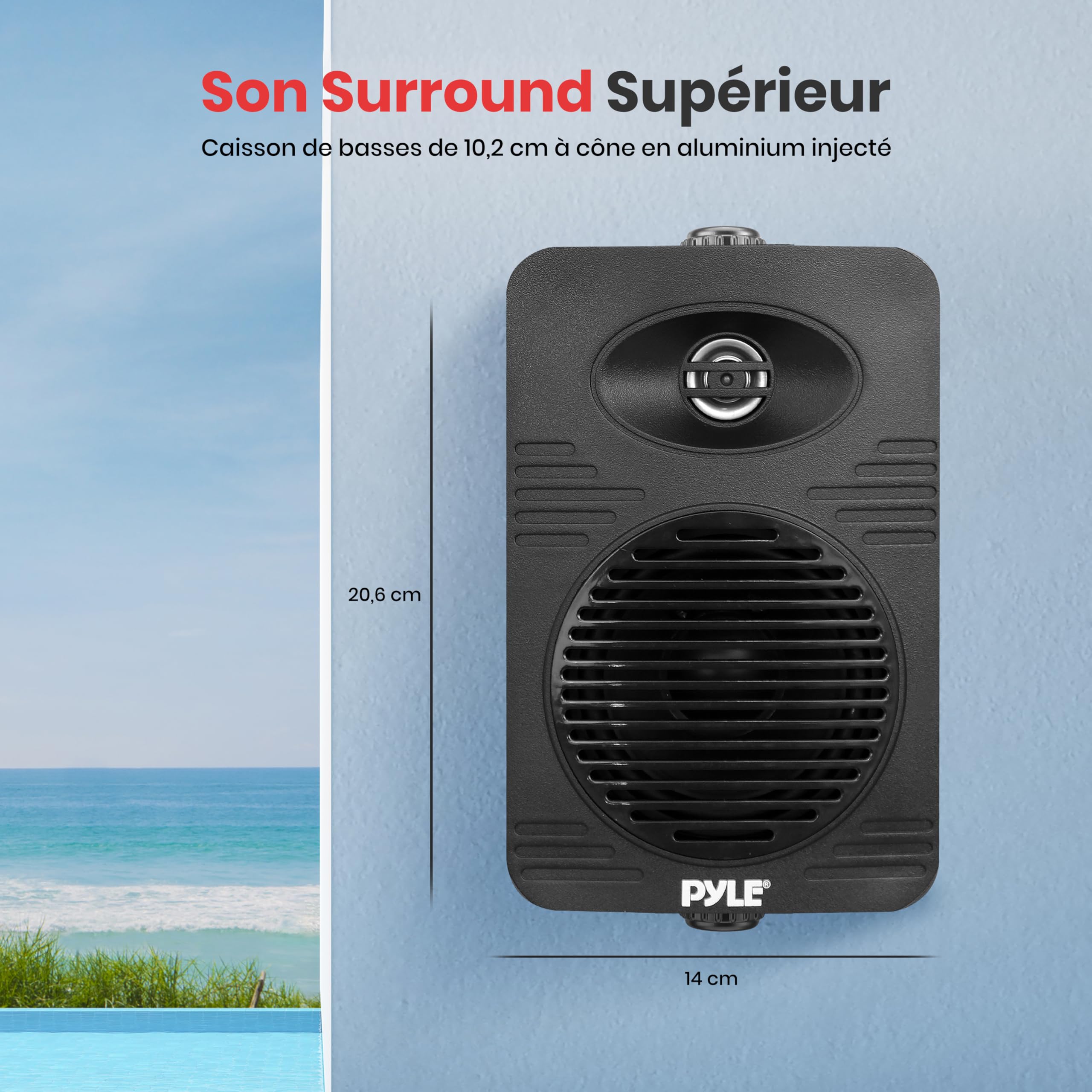 Pyle Paire d’Enceintes Intérieur/Extérieur – Système Audio Étanche 2 Voies 102 mm, 300 Watts, Tweeter en Polymère Haute Sensibilité 12,7 mm – Noir