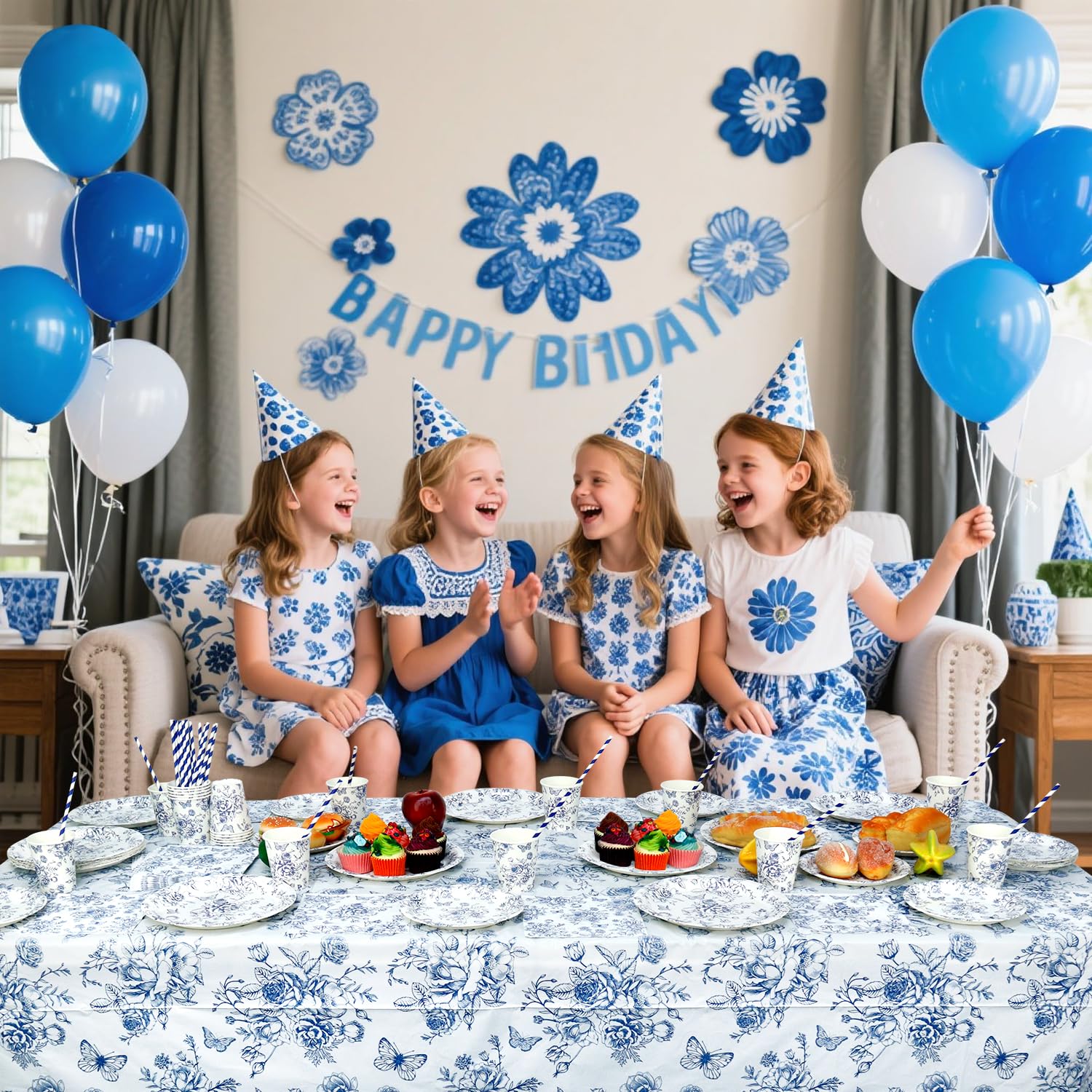 Décoration de fête florale bleue et blanche avec assiettes, gobelets, serviettes, nappes, pailles, pour anniversaire, mariage, chinoiserie pour 20 personnes