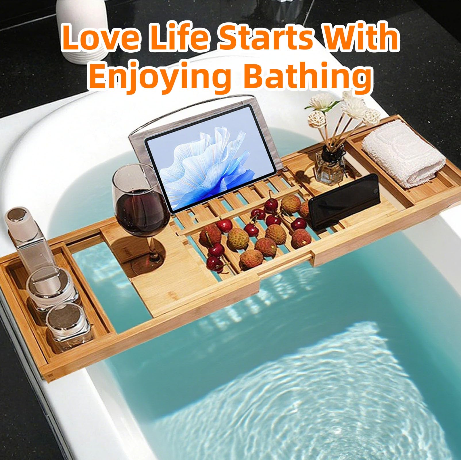 Bandeja Bañera Bambú Extensible con Soporte Tableta & Ranura Sujeción, Bandejas de Baño Ampliable Retráctil 150cm, Accesorios Bañera Organizador Baño Plegable para Mayoría de Bañeras (Natural)
