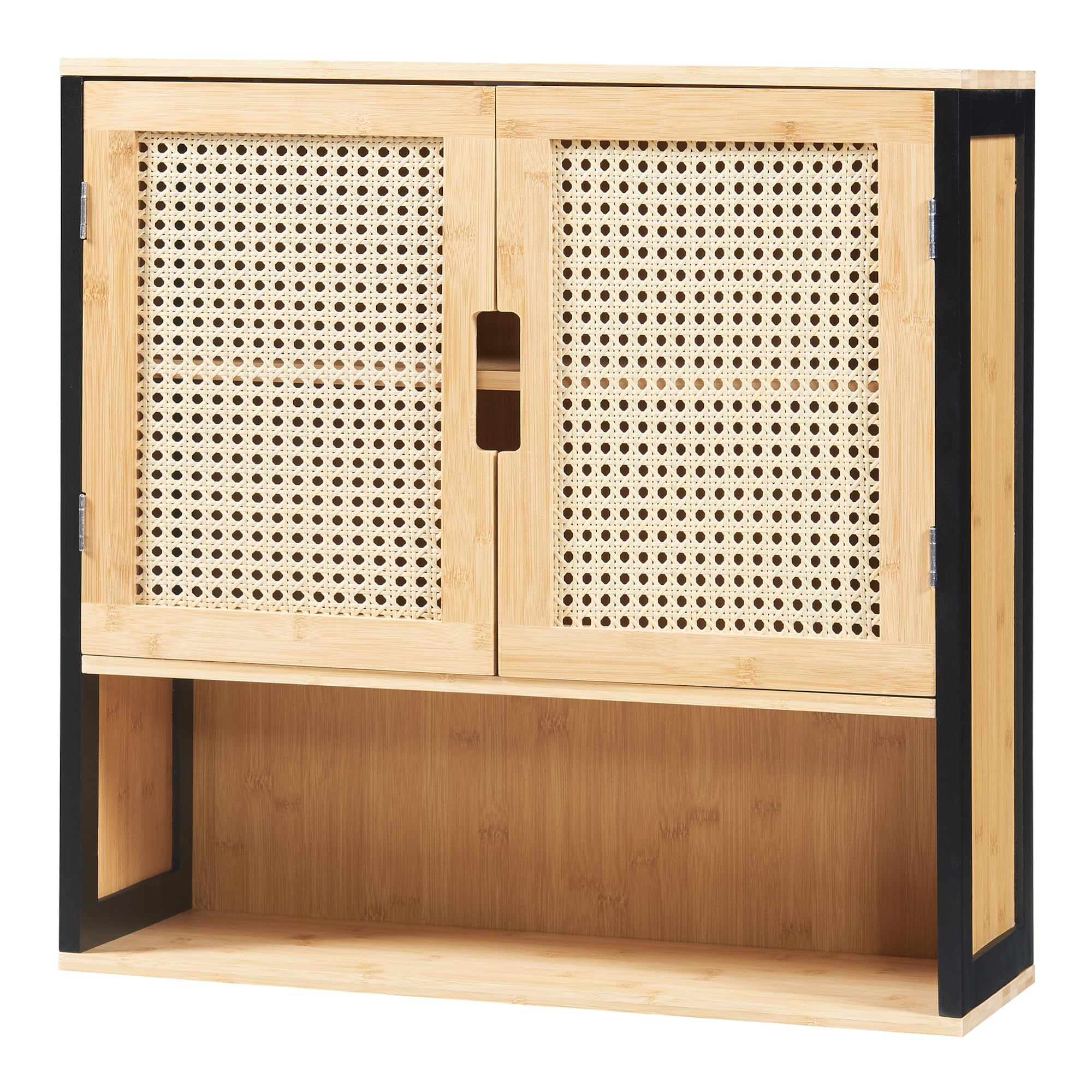[en.casa] Armoire Murale de Salle de Bain Placard Suspendu avec 2 Portes et 2 Étagères Meuble de Rangement Flottant MDF Bambou 60 x 60 x 20 cm Noir Naturel Effet Rotin