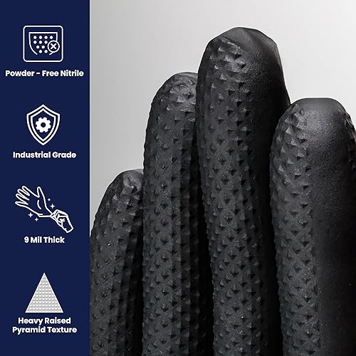 Miniatura 2 de Proworks CATCH GL-NT107BKFL - Guantes de nitrilo de 9 mil sin polvo, agarre de pirámide elevada, color negro, talla L, caja de 100 unidades