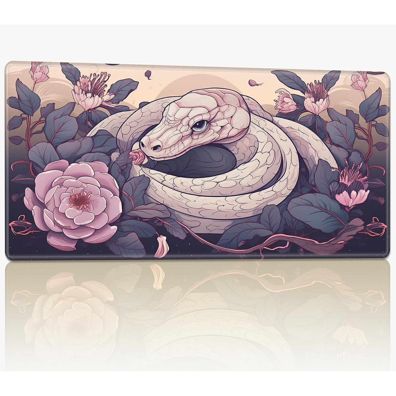 for MTG Playmat with Stitched Edges, 24 x 14 inches Stitched TCG Card Play Mat Commander Board Game Mats Smooth Rubber Surface Battle Game Desk Mat, Snake Pink Flower — image 1