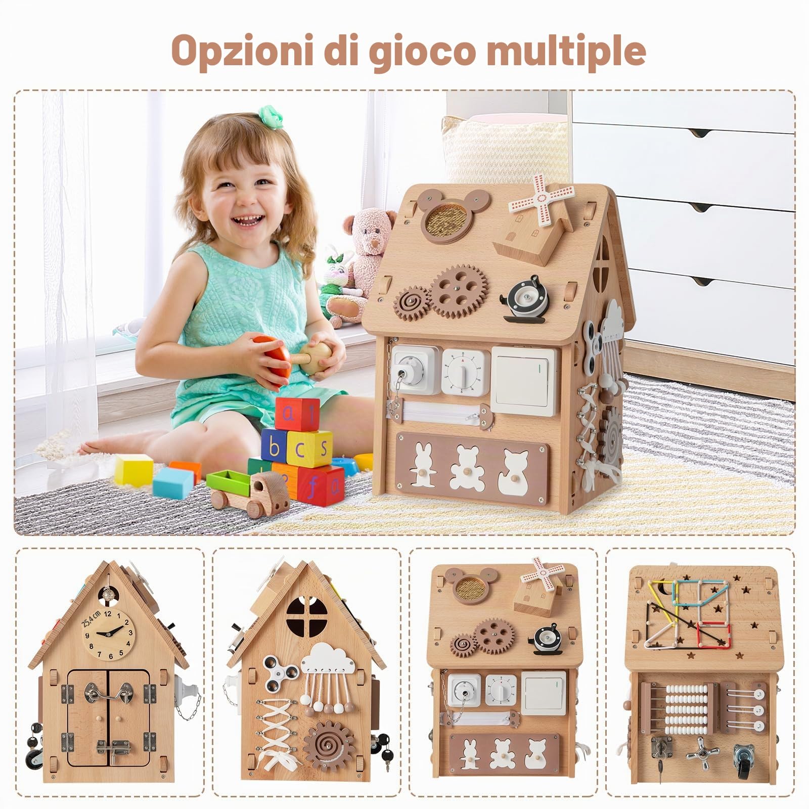 HOMASIS Casa dei Giochi per Bambini in Legno, Casa dei Divertimenti con Orologio, Rubinetto, Interruttore, Timer, Spina e Presa, Giochi Sensoriali e Montessori per Bambini da 3+ Anni, Naturale