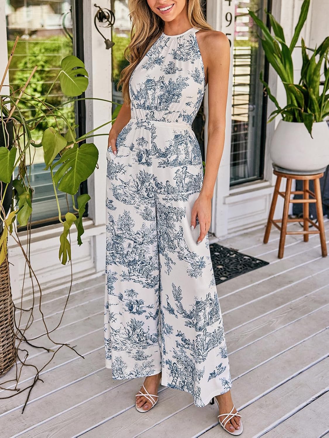 CUPSHE One Piece Jumpsuits for Women Summer Halter Neck Sleeveless Printed Wide Leg Long Pants Rompers Vacation Outfits - Image 3
