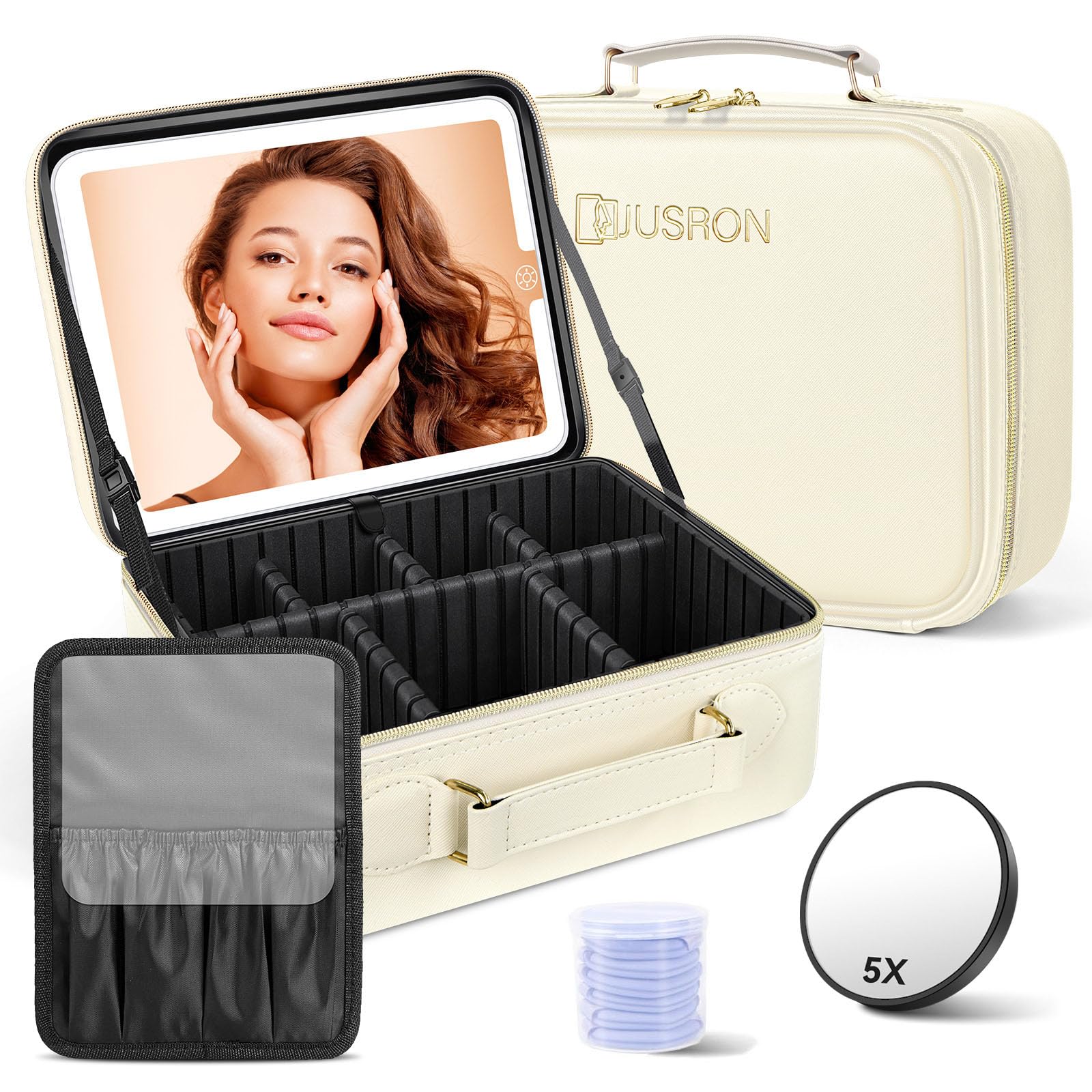 JUSRON Travel Makeup Bag With LED Mirror, Cosmetic Train Case with Light up Mirror, Portable Makeup Artist Organizer Bag with Adjustable Dividers,