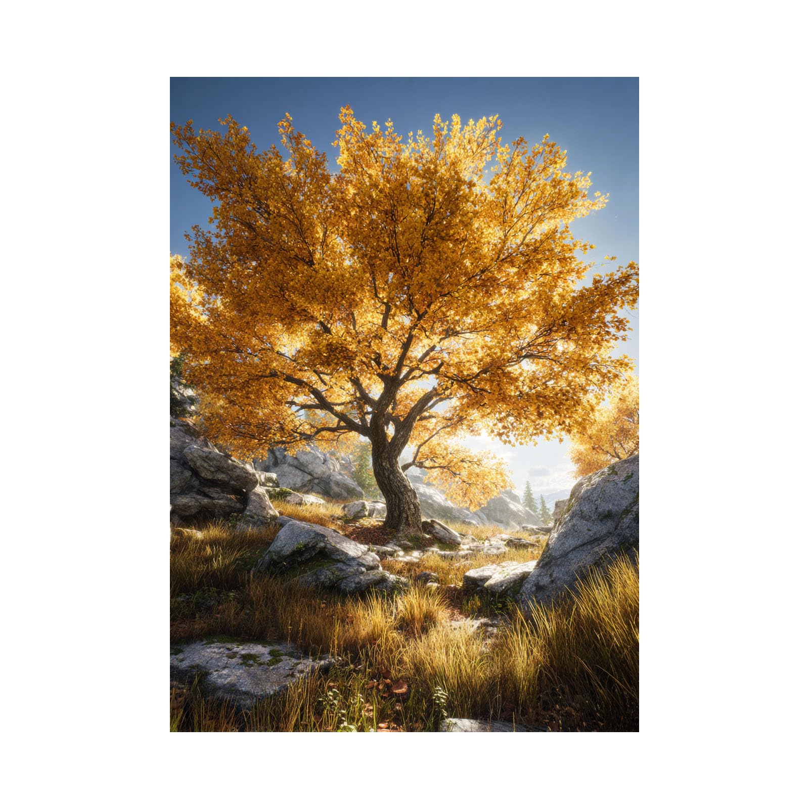 Teruea Yellow Artwork For Bedroom Office Home Decorations Gilded Leaf Tree, Rocky Grassland & Mountain Scenic Print Art Flickering Flower Modern Abstract Paintings(Yellow)-40X60cm1 Unframed