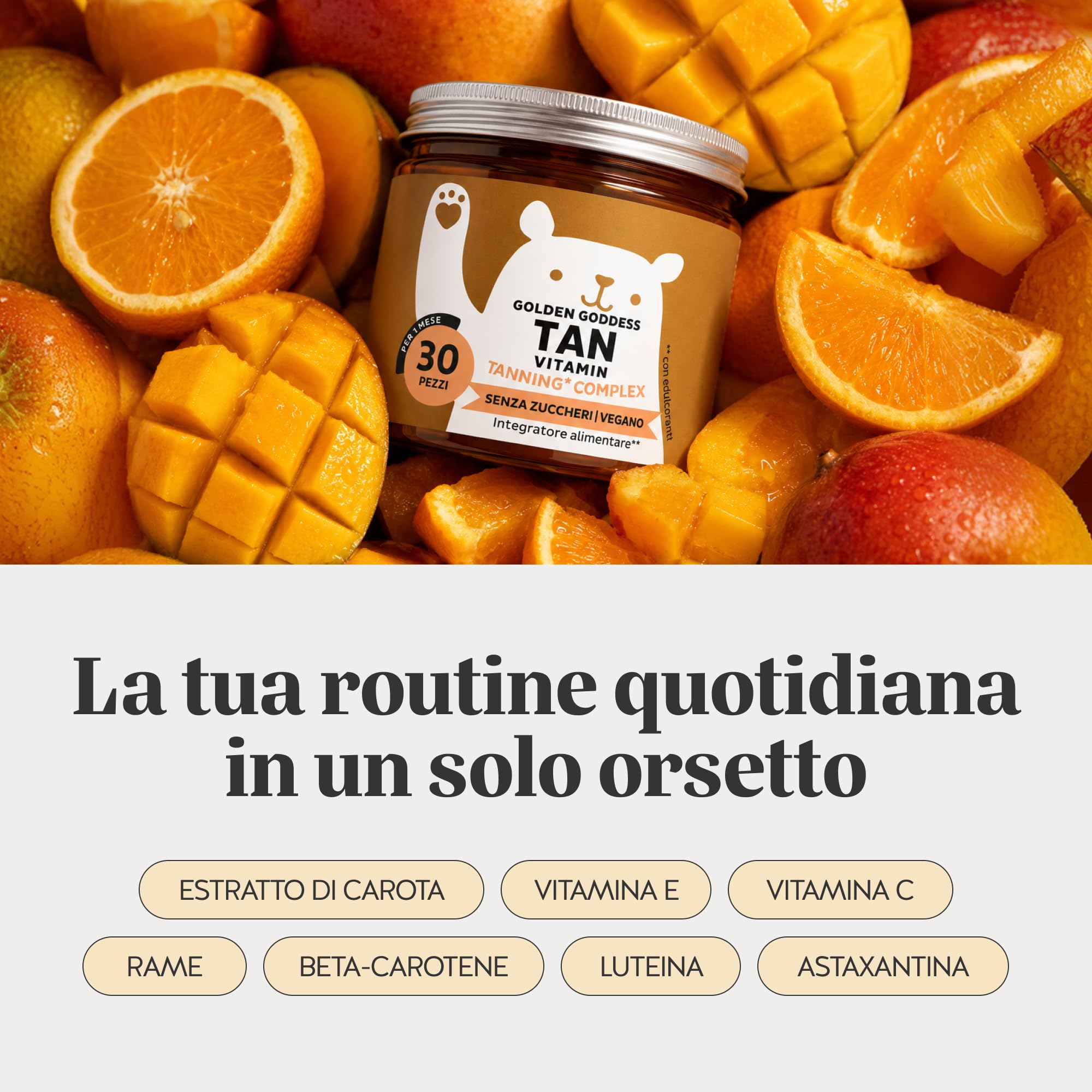 Golden Goddess Tan Vitamin Caramelle Gommose - Complesso Abbronzante - Vitamina C, E, D, Betacarotene e Rame - 30 pezzi (1 mese) - Senza Zucchero, Vegano - Bears with Benefits