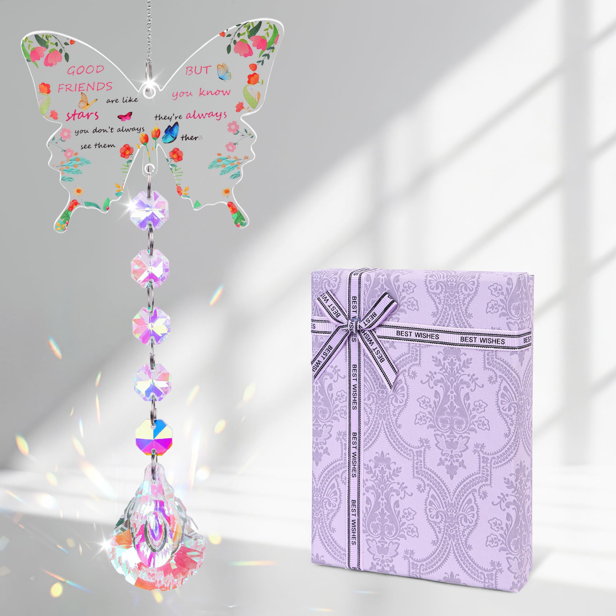 Wsetyy Friendship Gifts for Women, Crystal Butterfly Suncatcher for Best Friend, Birthday Present, Personalised Hanging Window Ornament for Home Decoration (Crystal scallop)