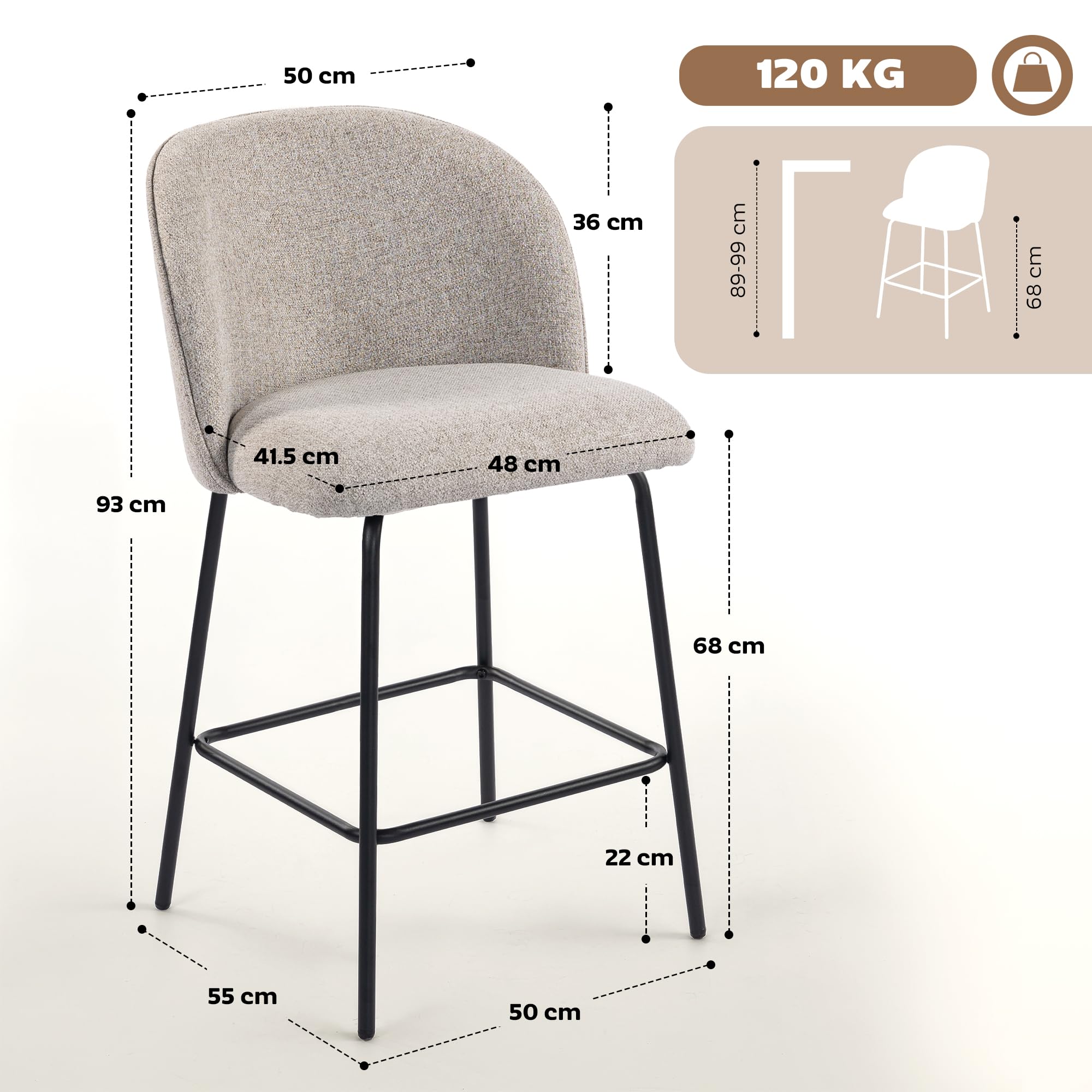 HOMCOM Set 2 Sgabelli Bar con Schienale Ergonomico con Poggiapiedi Grigio | Sgabelli Cucina in Lino, Gambe in Acciaio, Seduta Ampia Imbottita, Sedie Bar Alte per Soggiorno, Sala da Pranzo, Cucina