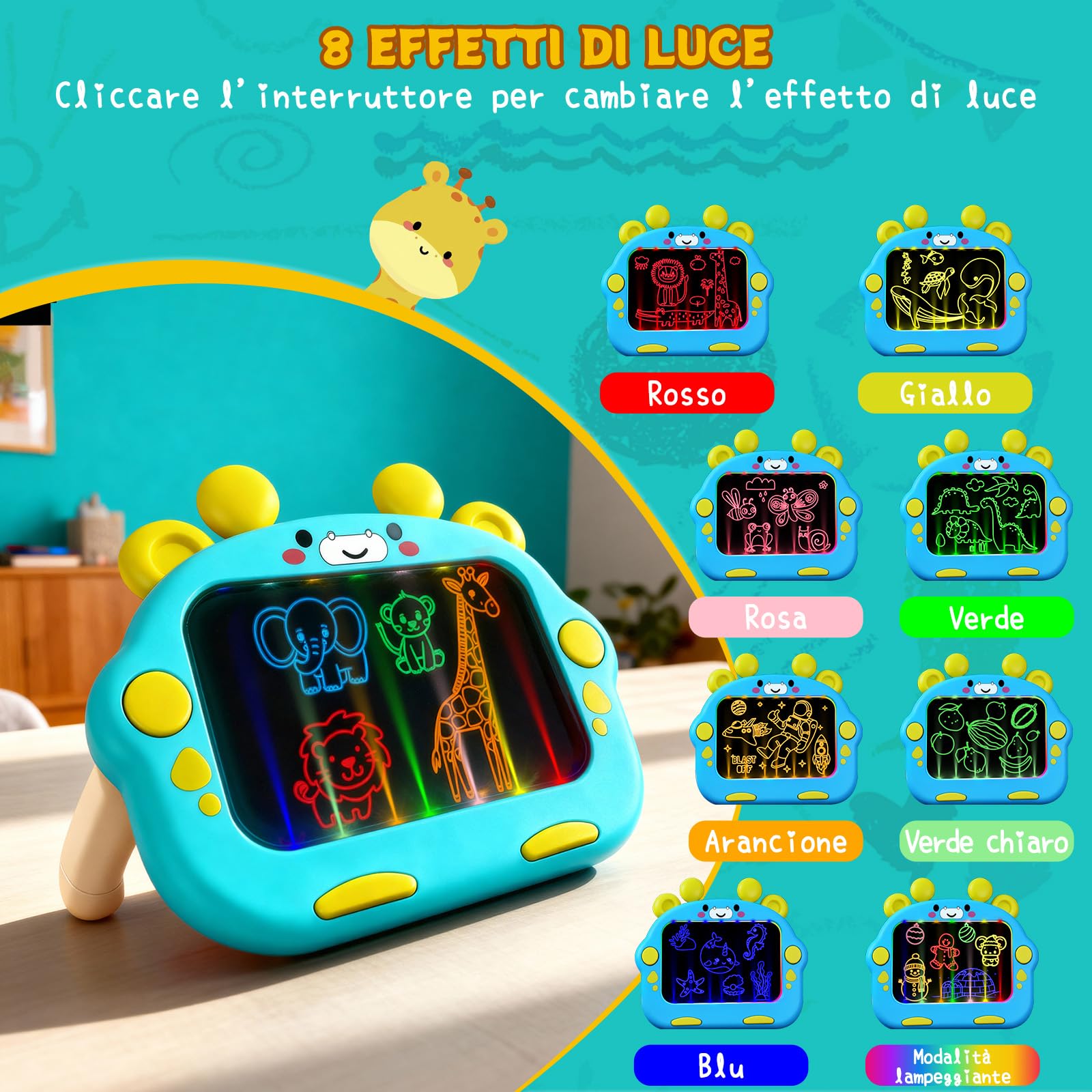 LumenVela Lavagna Led per Disegnare Bambini, Lavagna Luminosa per Disegnare con 8 Penne Colorate e 8 Modalità di Illuminazione, Lavagnetta Cancellabile Bambini per 3-8 Anni Ragazzi Ragazze