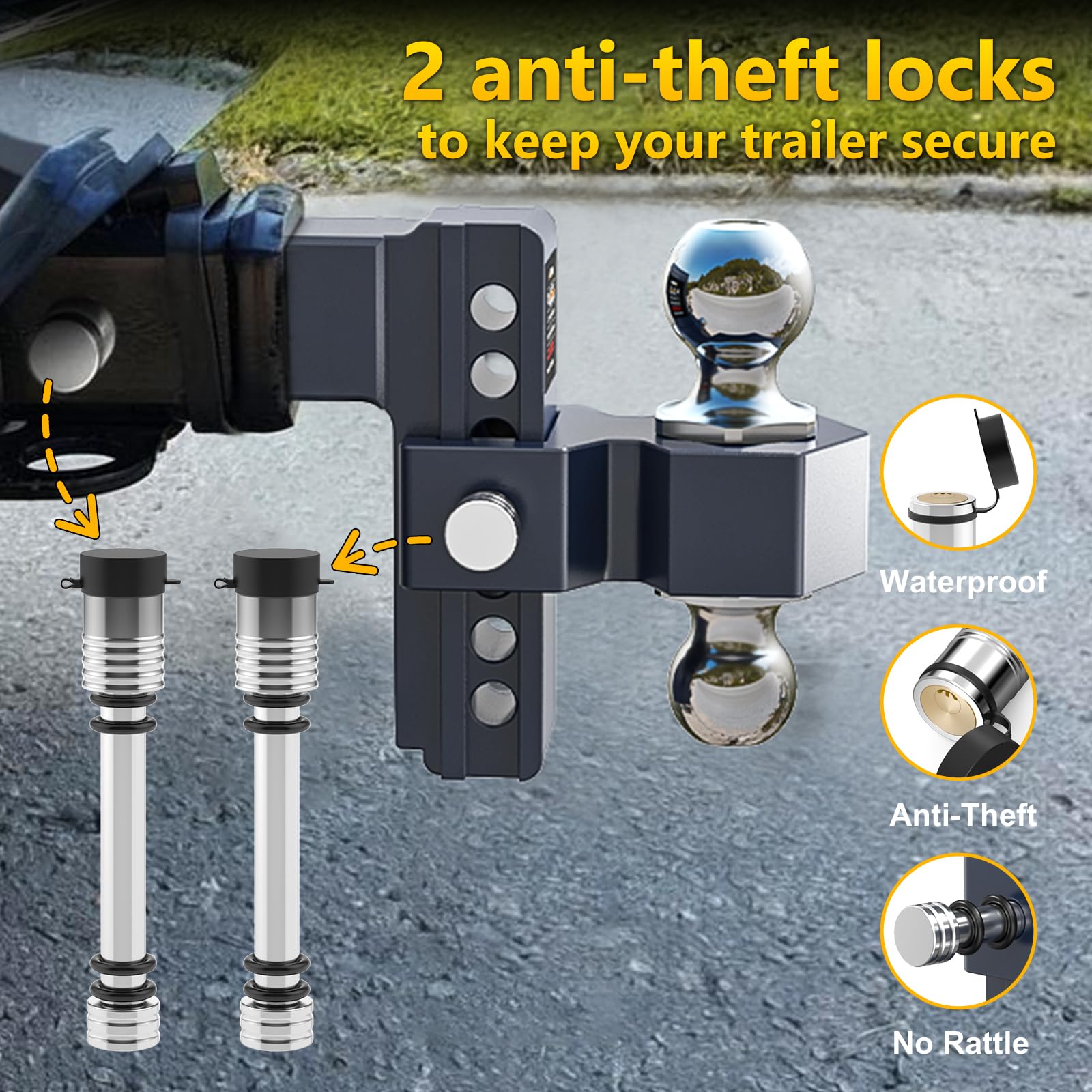 Adjustable Trailer Hitch, Drop Hitch for 2.5 Inch Receiver, 6 inch Aluminum Truck Hitch, 2 and 2-5/16 inch Balls, 18,500 LBS GTW, Tow Hitches with Two Anti-Theft Locks — view 7