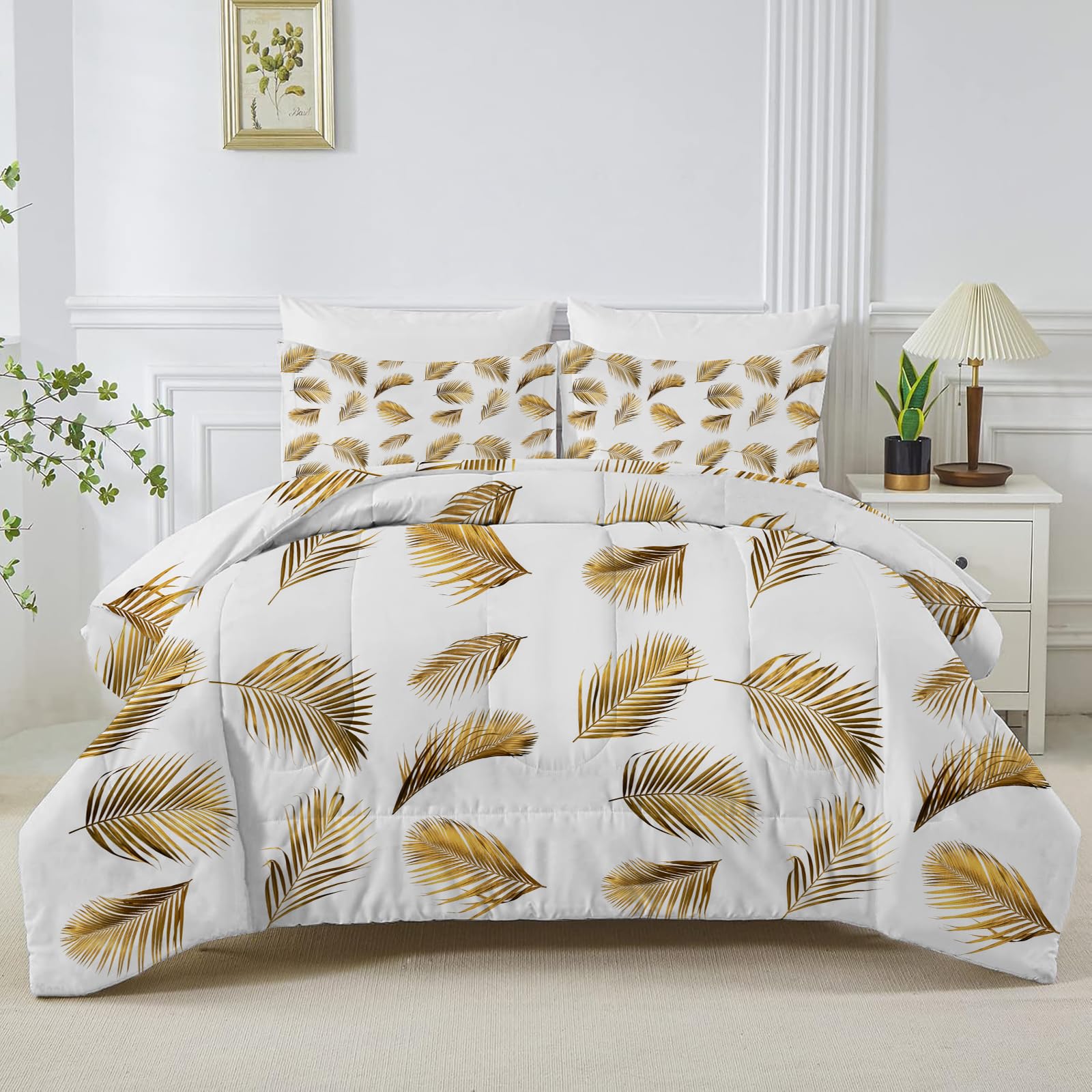 Gold Palm Leaves King Size Duvet, Reversible Coverless White Tropical Plants Duvet King Size, Anti Allergy Bed Quilt King 7.5 Tog for All Seasons - 1 Soft Comforter Bedding with 2 Pillowcases - B29