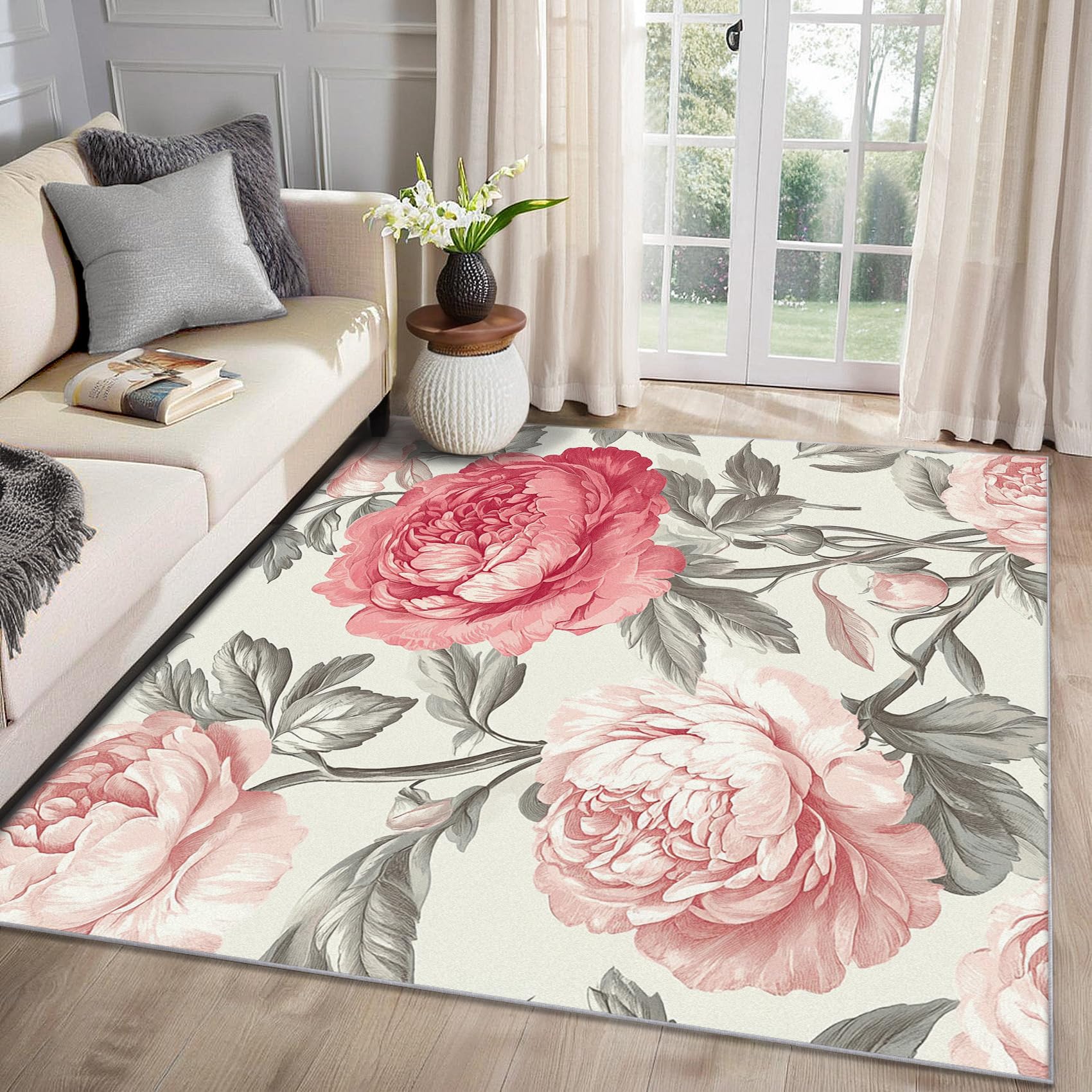 MMYAOKEN Floral Rugs for Bedrooms - Pink Peony Rug 140 x 200, Vintage Flower Botanical Oriental Patterned Area Rugs for Living Room, Machine Washable Non Slip Soft Carpet, Peony Home Decor & Gifts