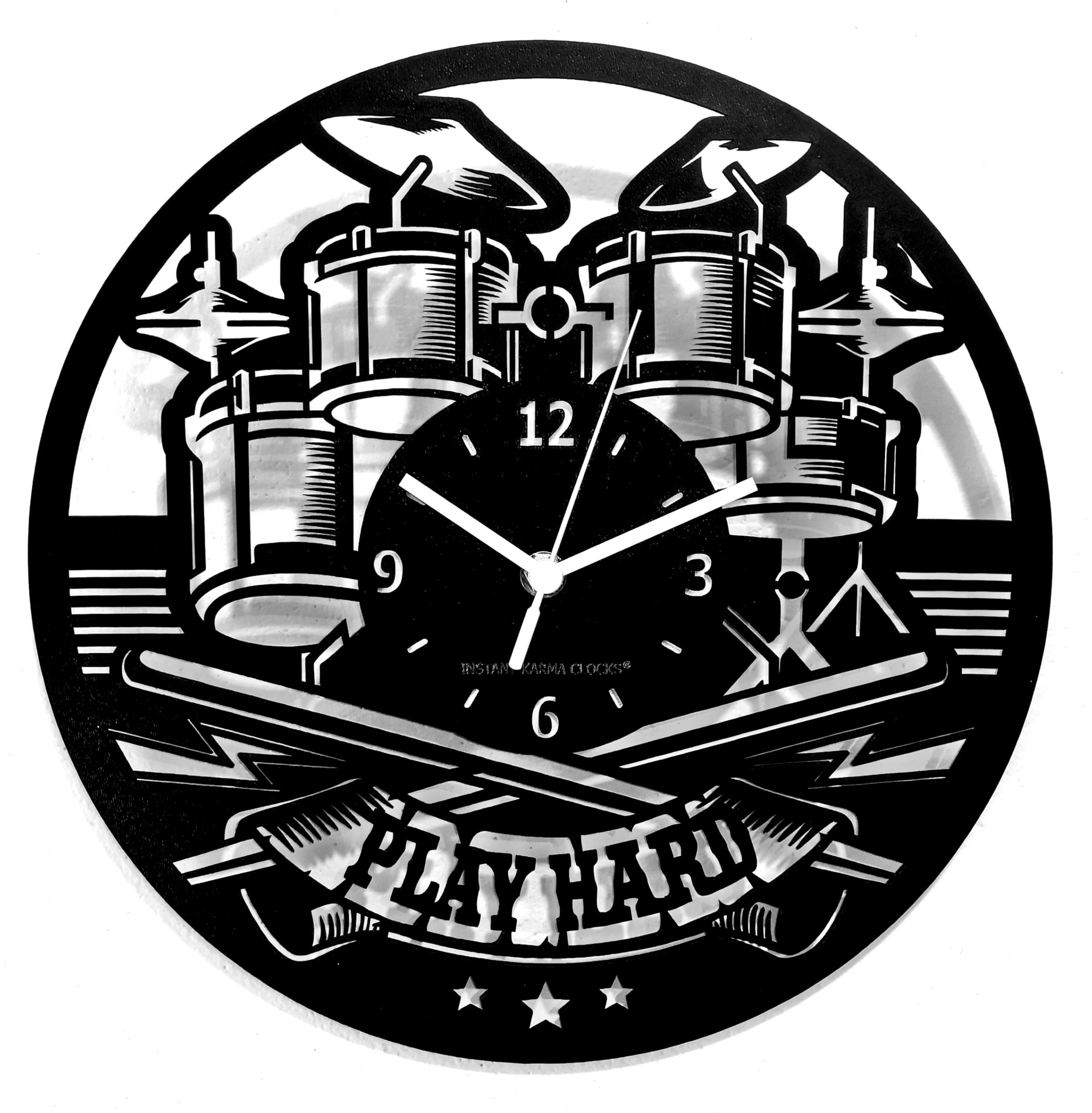 Instant Karma Clocks | Wall Clock | Music | Guitar | Play Hard | Drummer | Rock Band | No Ticking