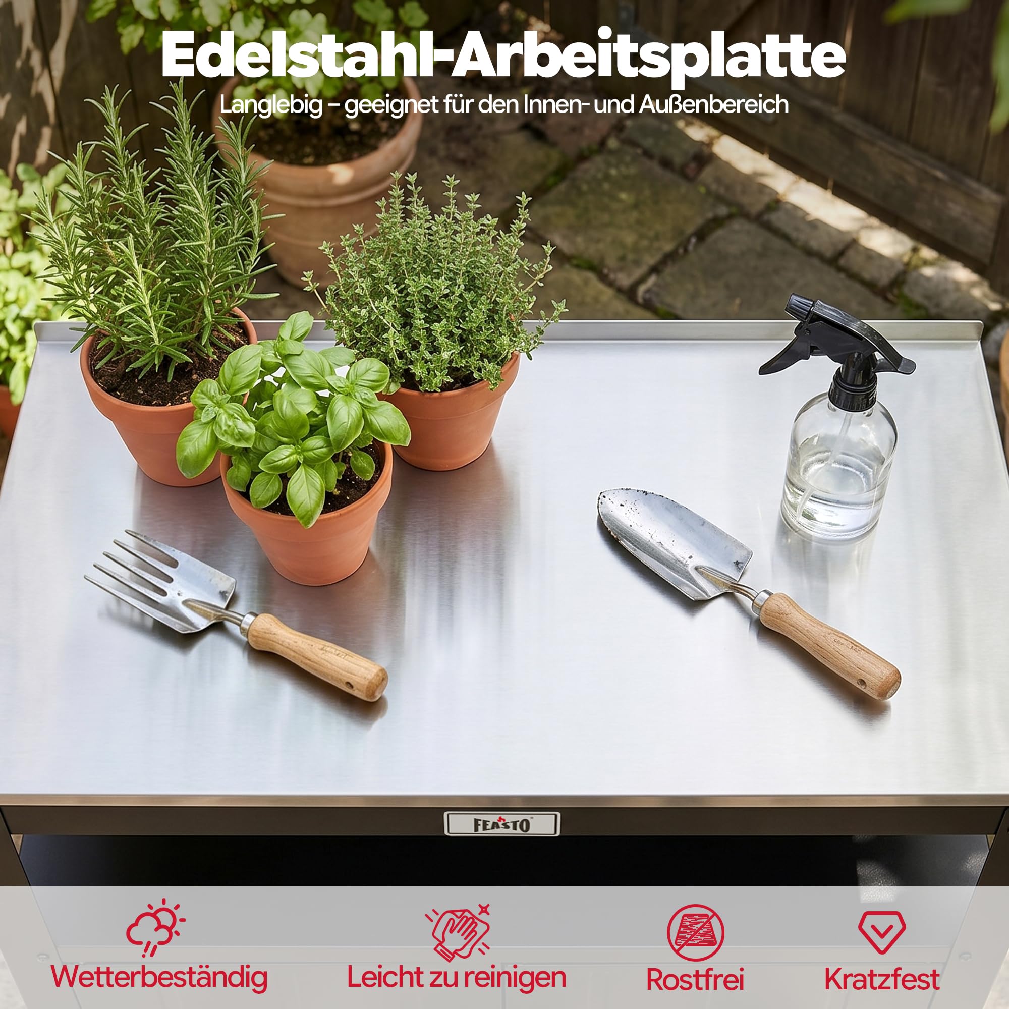 Feasto Pflanztisch mit Unterschrank, Gartenschrank wetterfest Outdoor mit Edelstahl - Arbeitsplatte, für Garten & Terrasse, 80x45x82cm