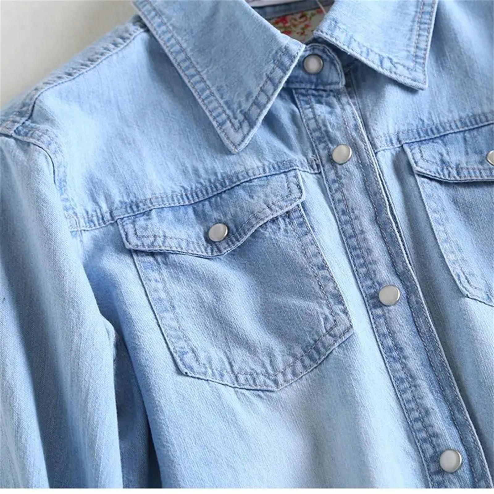 Blusa Pocket De Mujer Single-Shoxed Camisa De Vaquero De Manga Larga Suelta De Un Solo Pecho De Pecho-Azul Claro-Metro