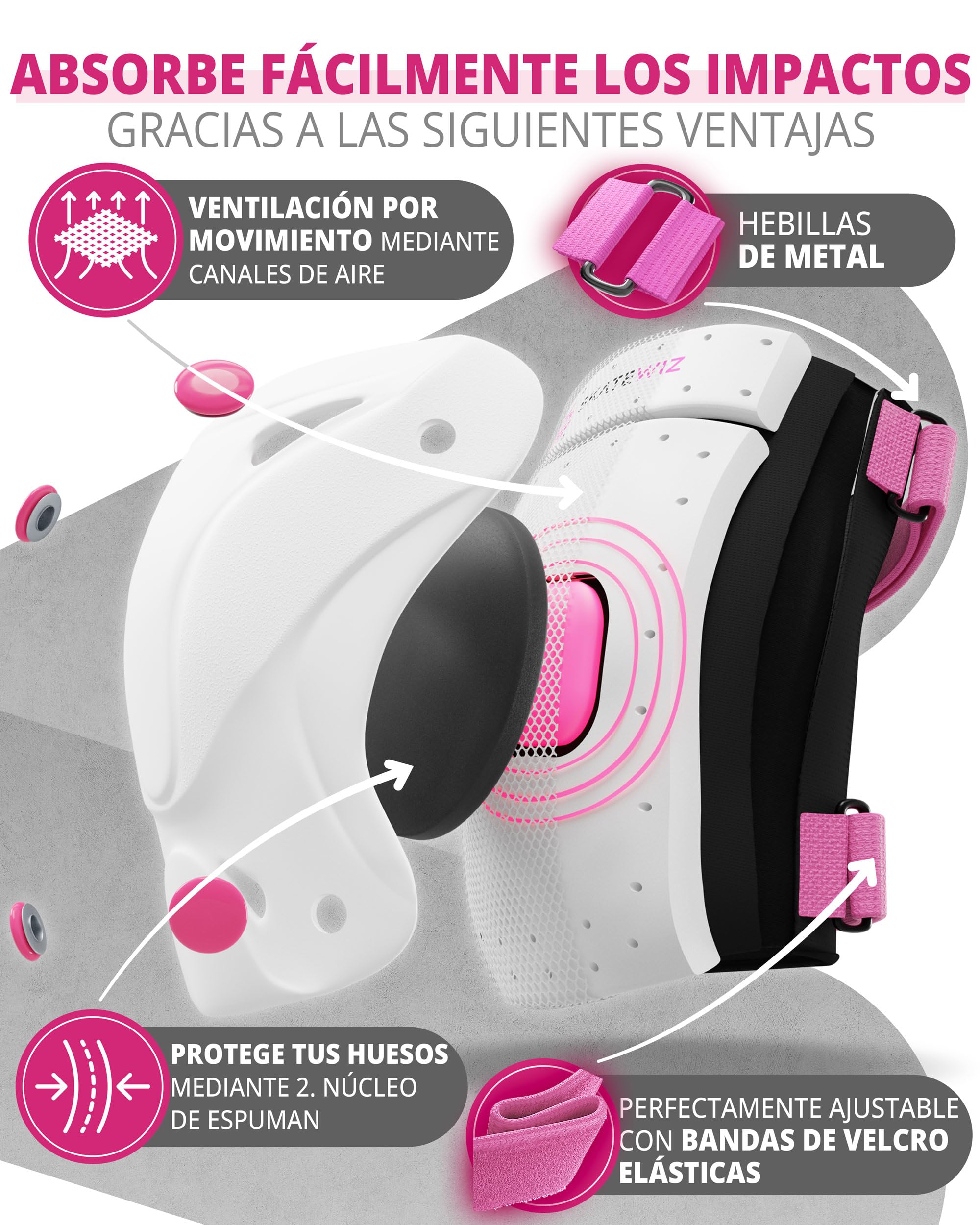 SKATEWIZ Protecciones Patines Niña, Niño e Adulto [6 piezas] Rodilleras y Coderas Niño Patinaje, Patines, Rodilleras Para Niños - Marca Alemana — view 4