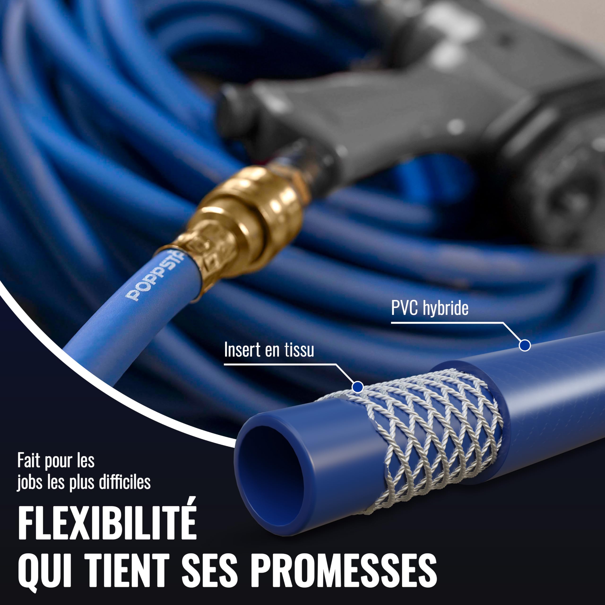Poppstar Tuyau à Air Comprimé PVC Hybride 50m, Diamètre Intérieur 6mm, Raccord Rapide en Laiton 1/4", 20 bar, Bleu