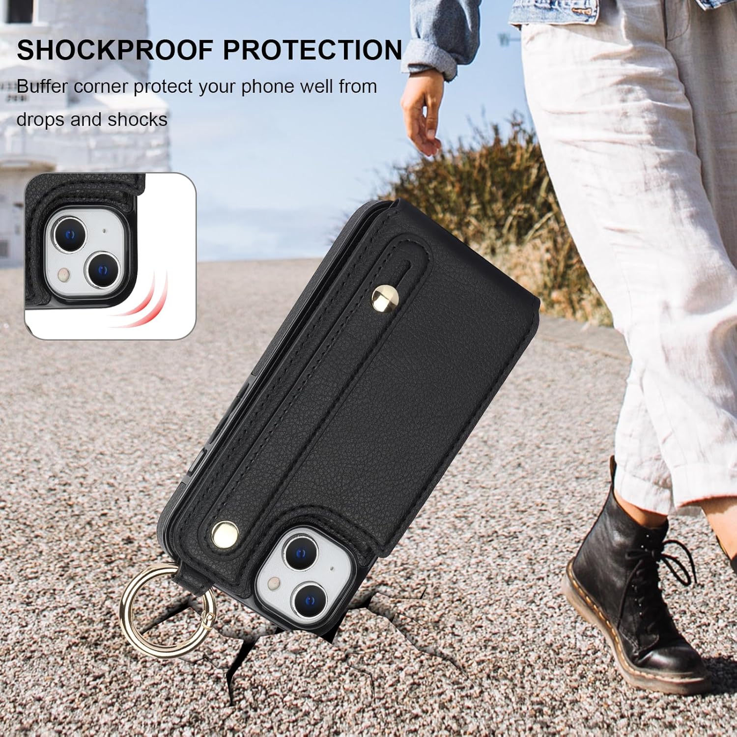 Folosu for iPhone 13/14 Wallet Case with Card Holder, Hand Wrist Strap Loop Holder Kickstand, RFID Blocking Finger Grip Ring PU Leather Double Buttons Shockproof Cover 6.1" Black